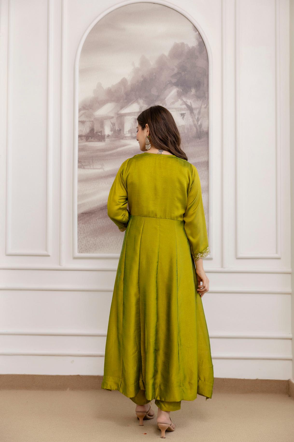 Parrot Green Embroidered Vichitra Silk Anarkali Suit — alternate view