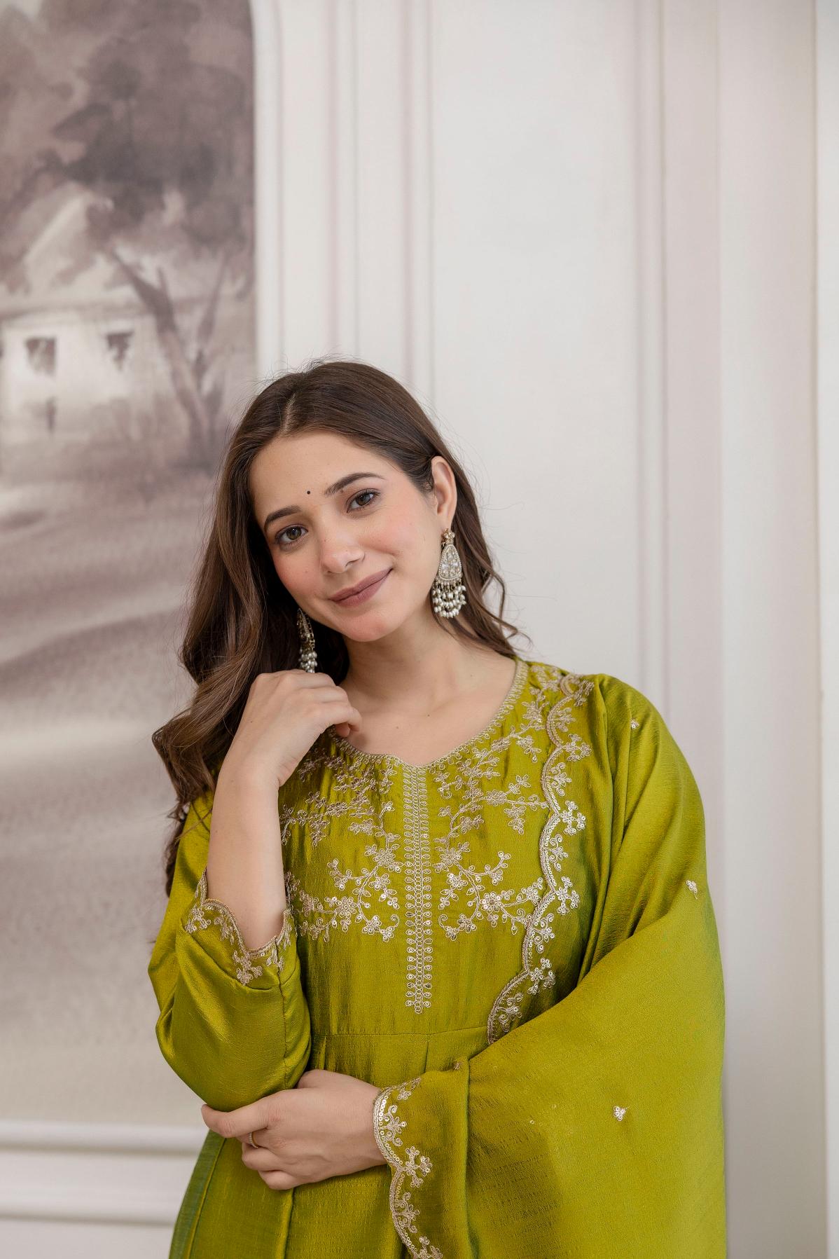 Parrot Green Embroidered Vichitra Silk Anarkali Suit