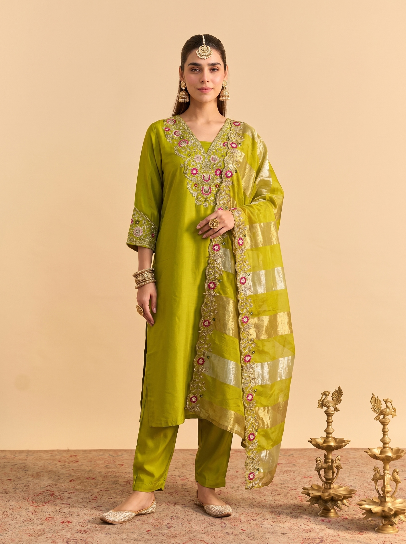 Parrot Green Floral Thread Silk Blend Straight Suit