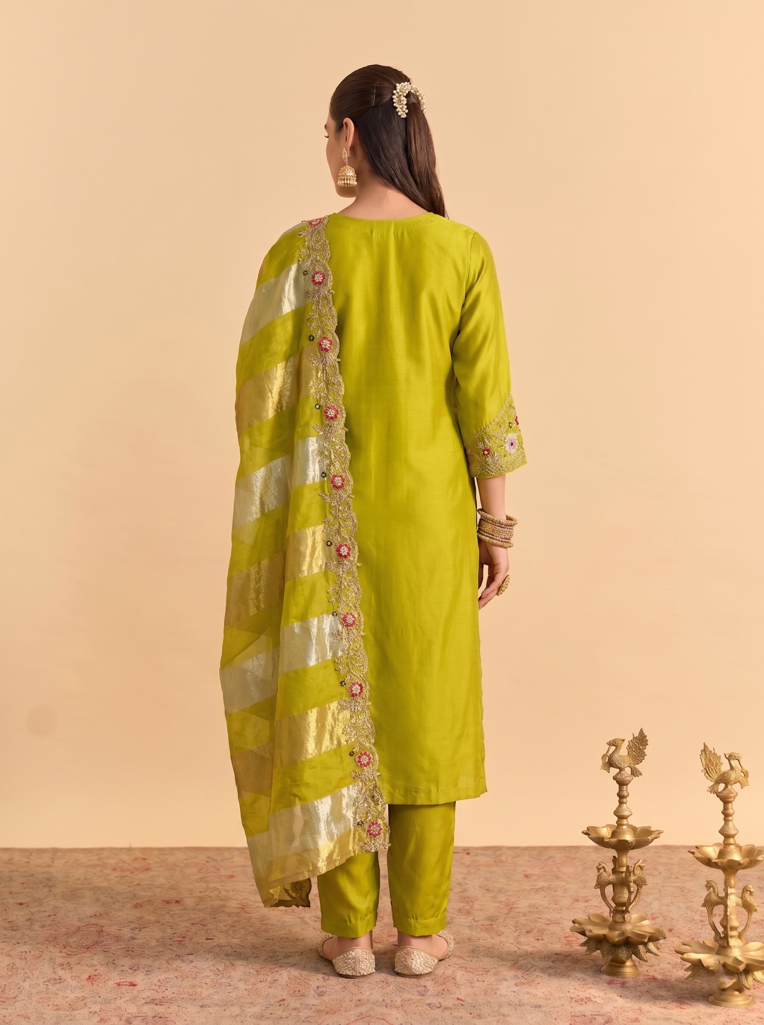 Parrot Green Floral Thread Silk Blend Straight Suit — alternate view