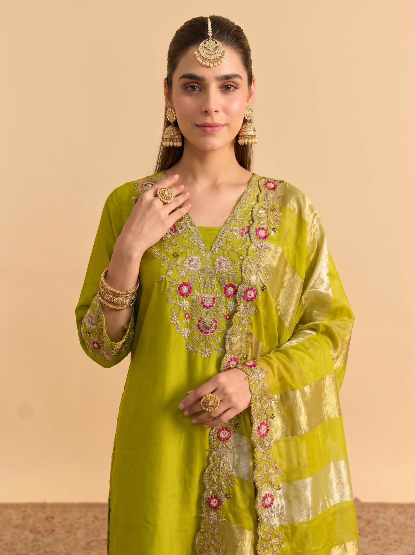 Parrot Green Floral Thread Silk Blend Straight Suit