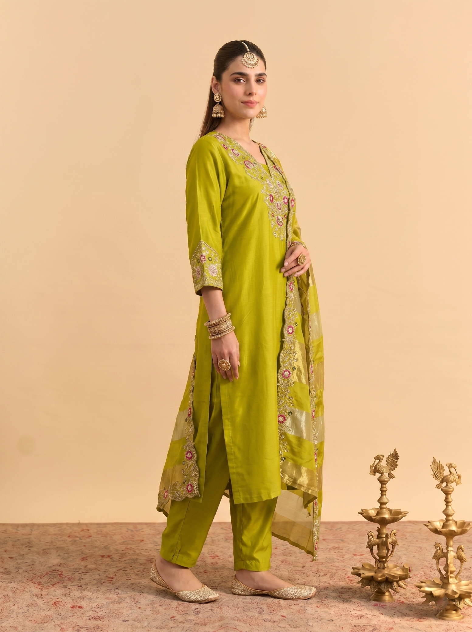 Parrot Green Floral Thread Silk Blend Straight Suit