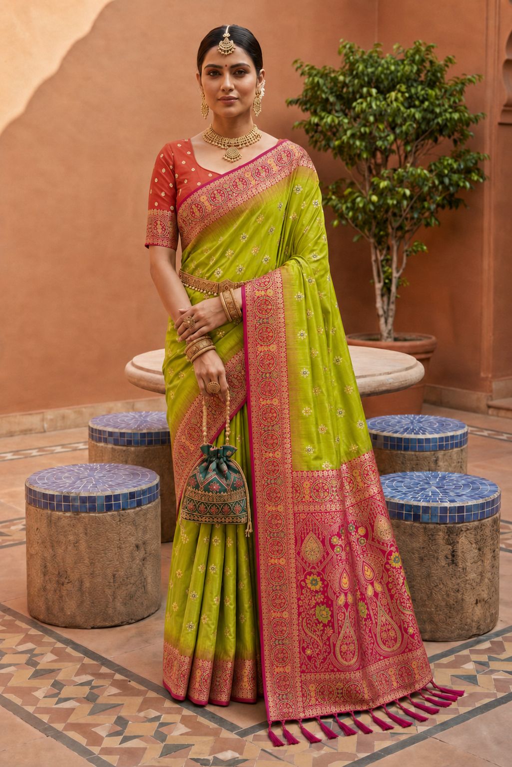 Parrot Green Floral Zari Soft Silk Saree