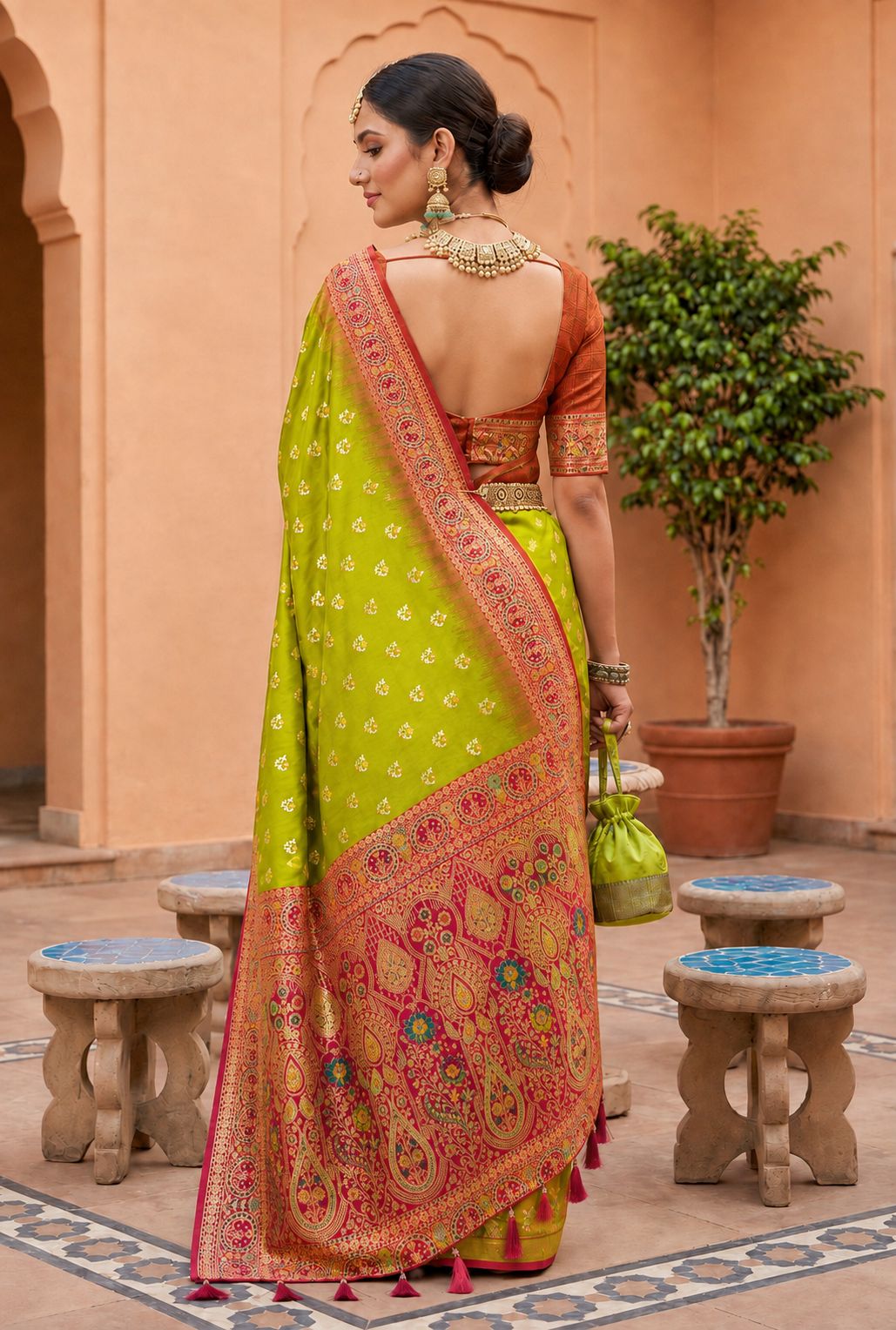 Parrot Green Floral Zari Soft Silk Saree — alternate view