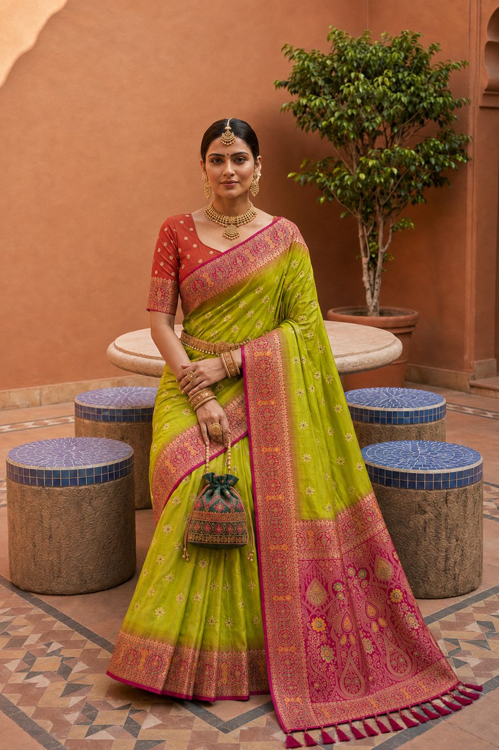 Parrot Green Floral Zari Soft Silk Saree