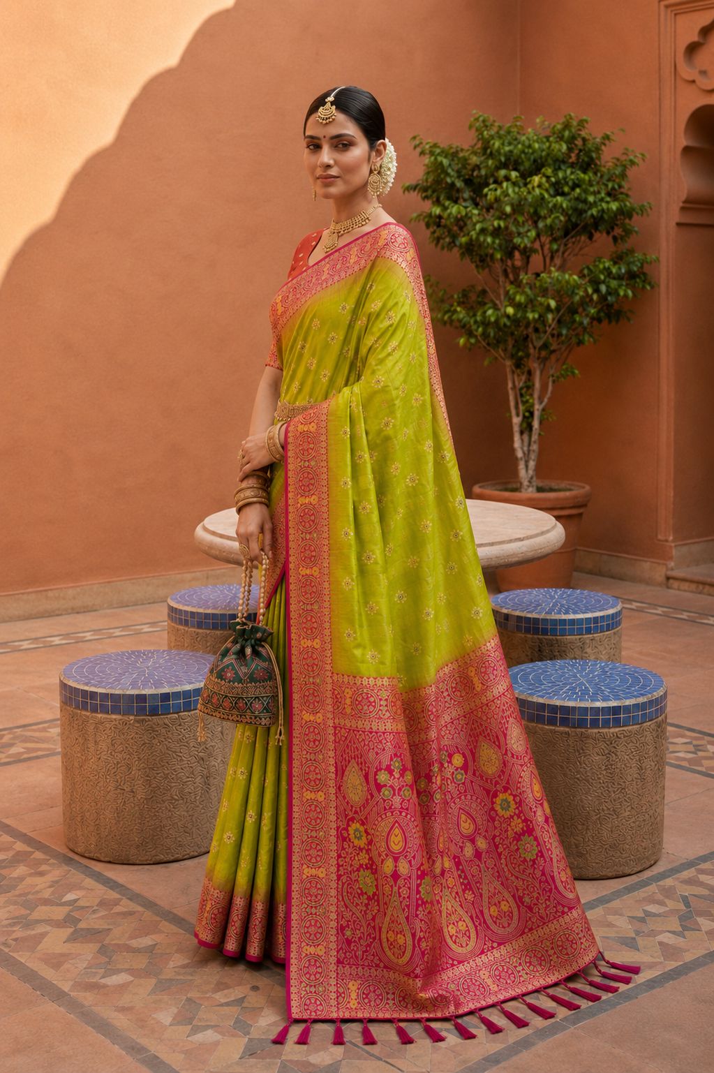 Parrot Green Floral Zari Soft Silk Saree