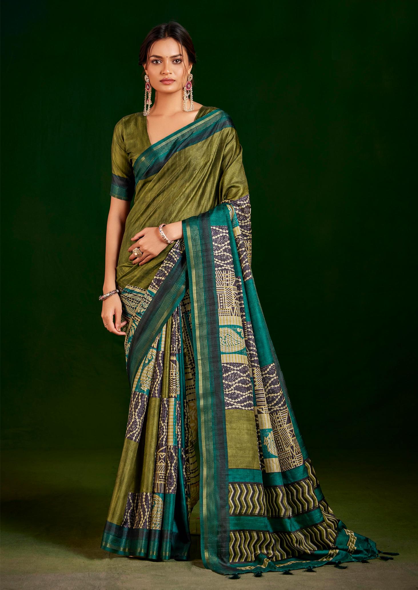 Parrot Green Gathan Silk Woven Designer Digital Printed Saree