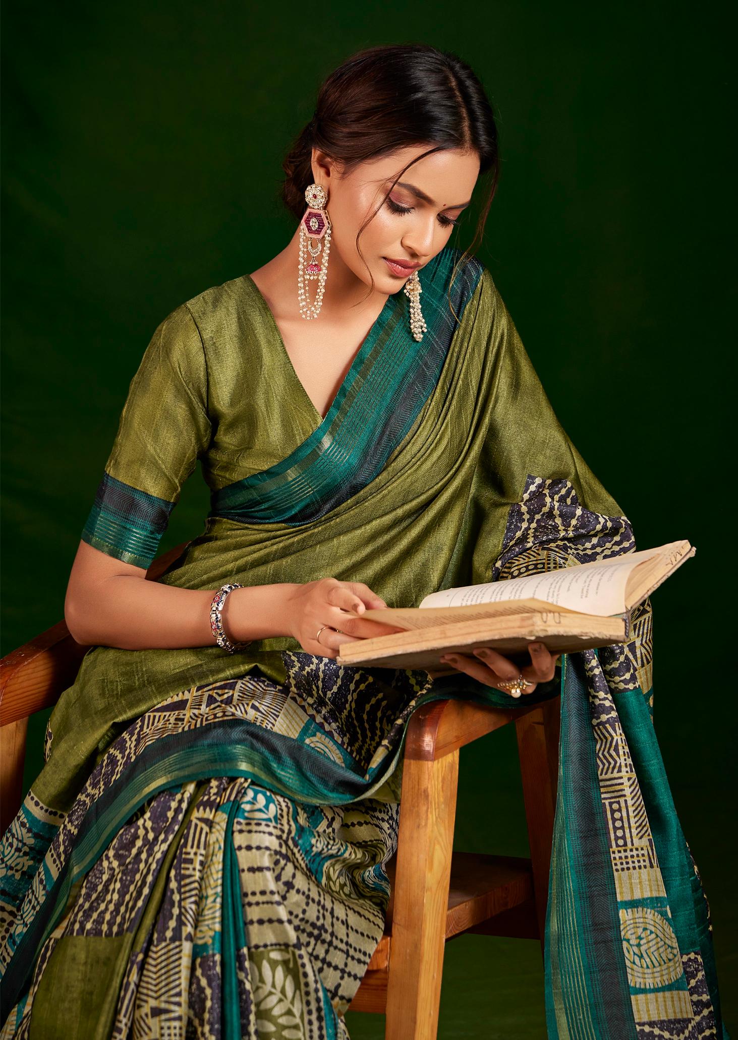 Parrot Green Gathan Silk Woven Designer Digital Printed Saree
