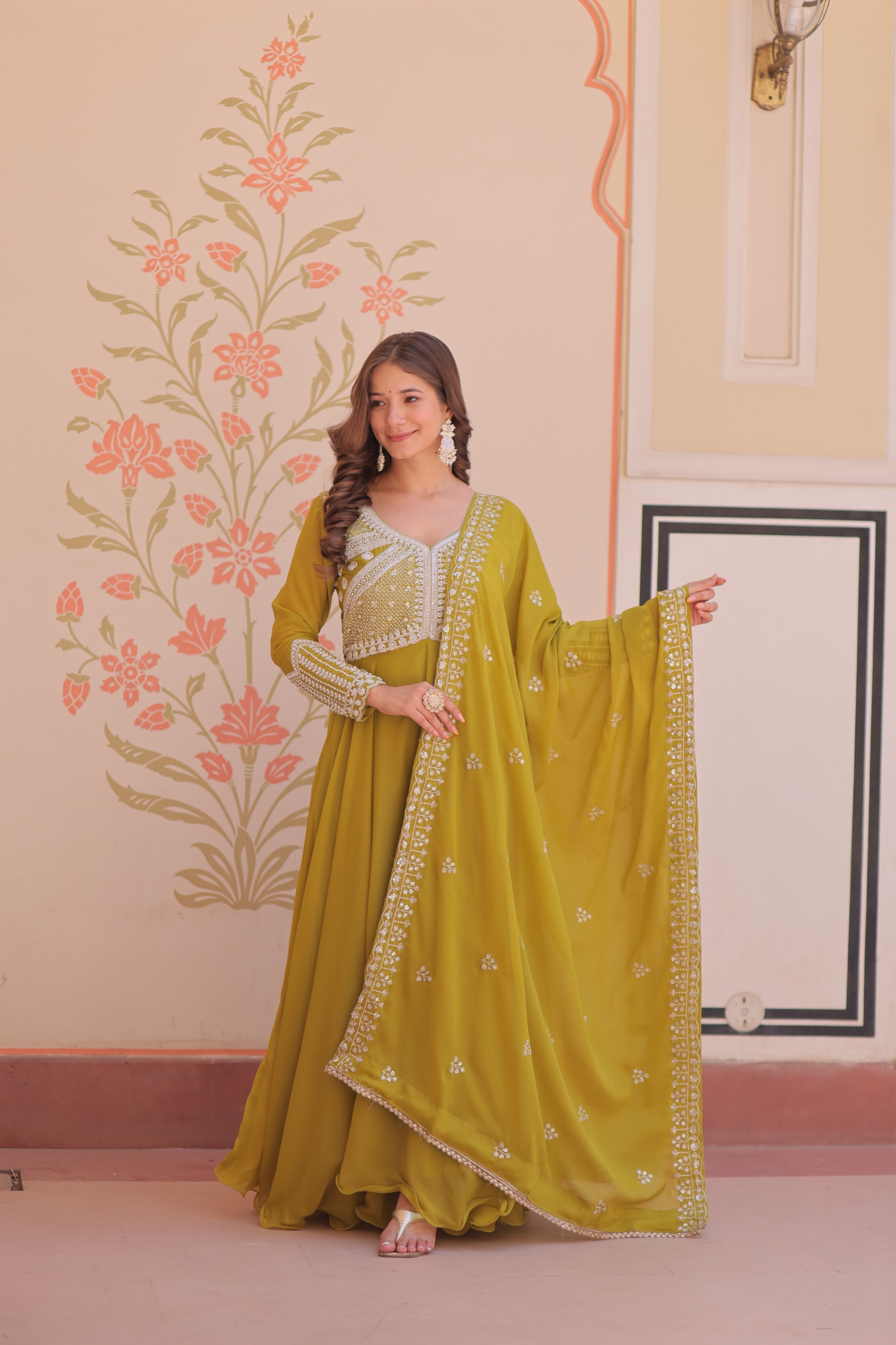 Parrot Green Georgette Floral Sequin Embroidered Anarkali Gown