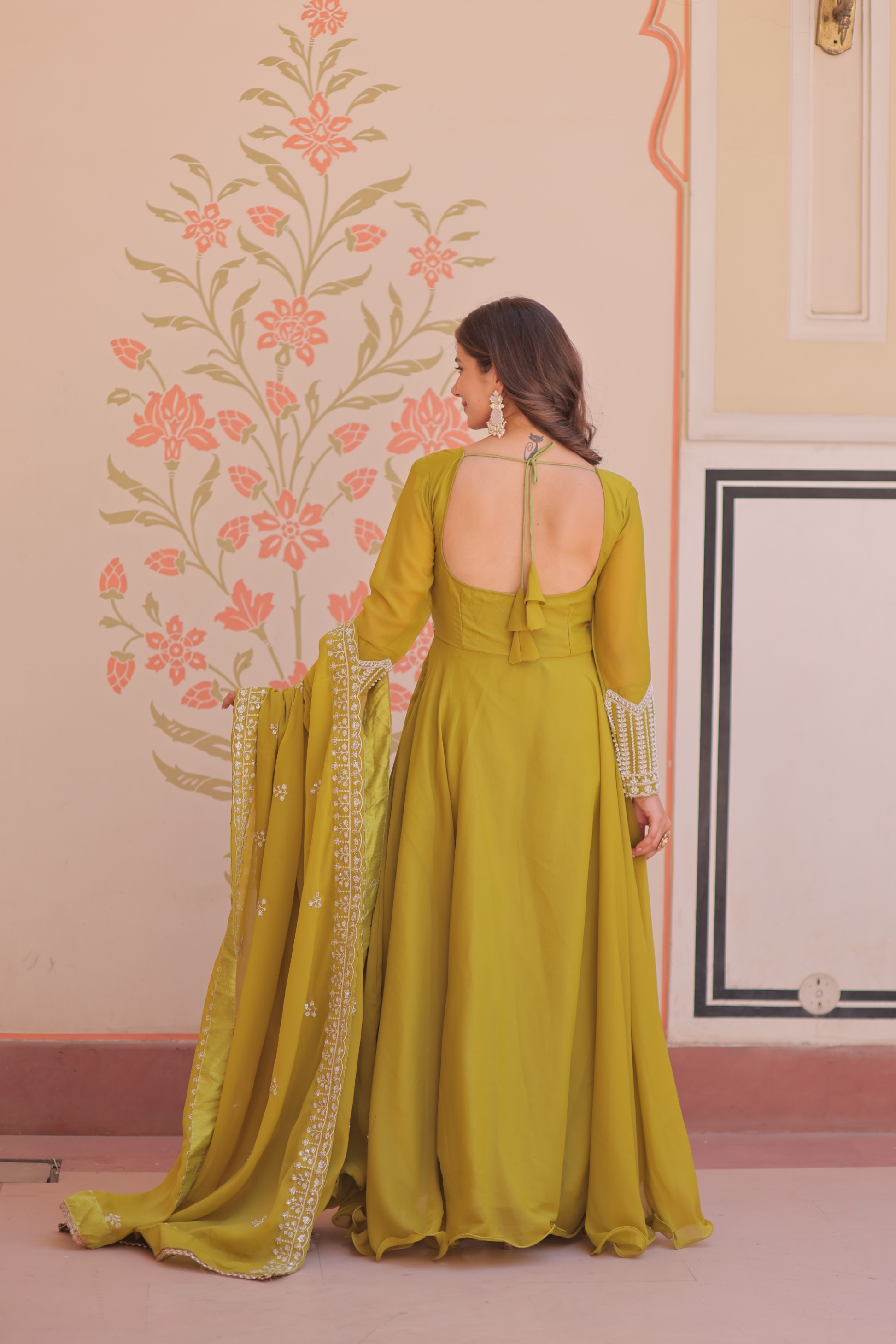 Parrot Green Georgette Floral Sequin Embroidered Anarkali Gown — alternate view