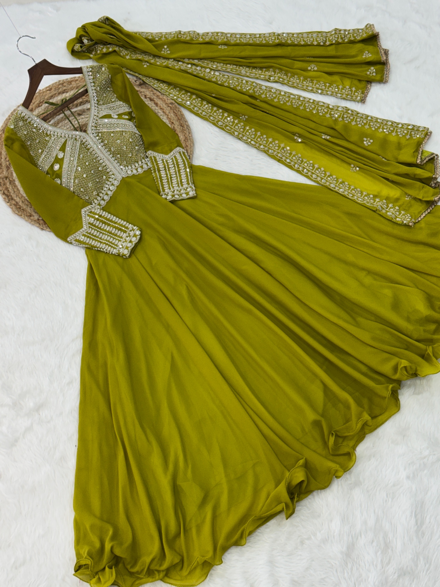 Parrot Green Georgette Floral Sequin Embroidered Anarkali Gown