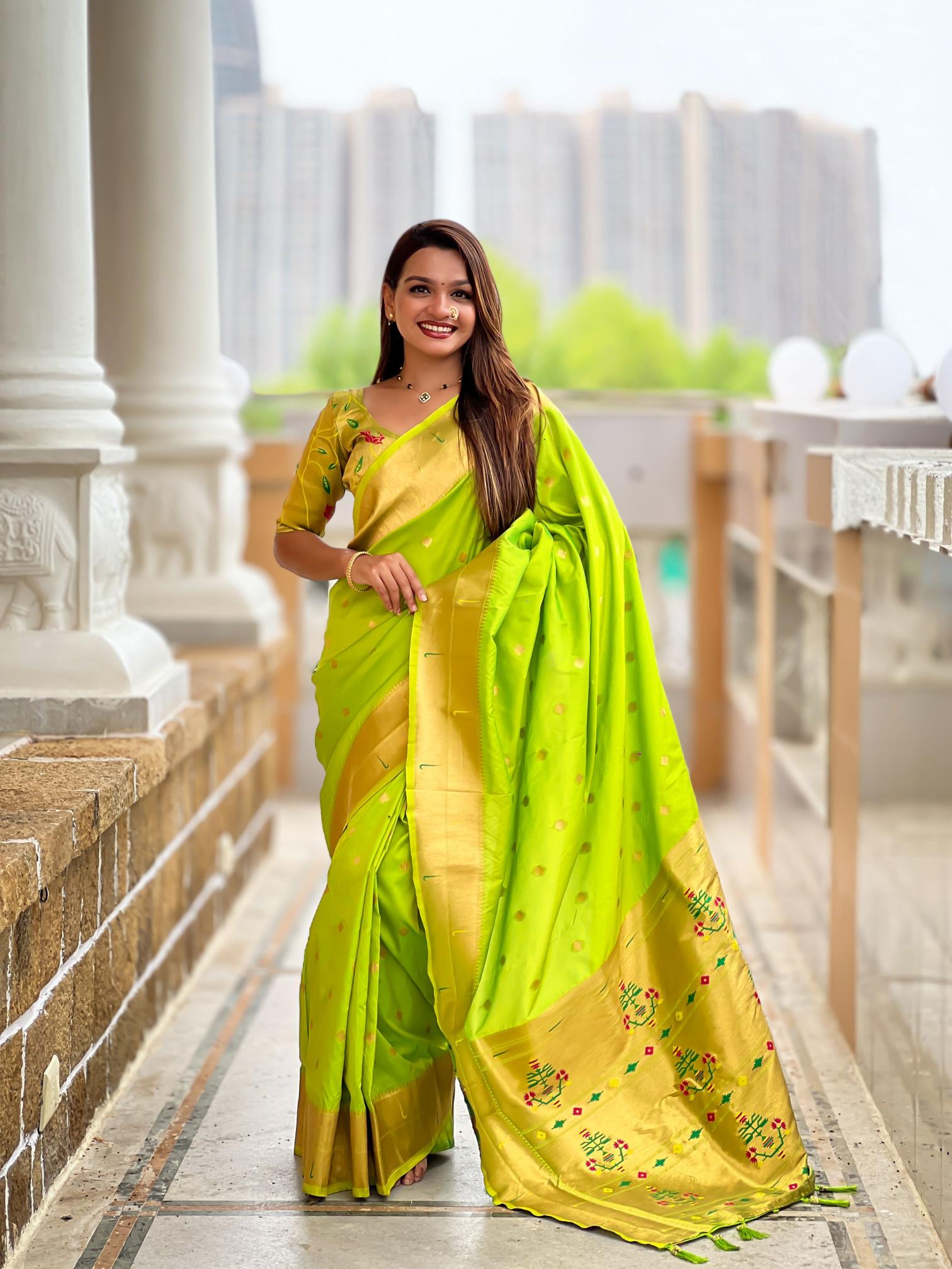 Parrot Green Gold Paithani Silk Saree