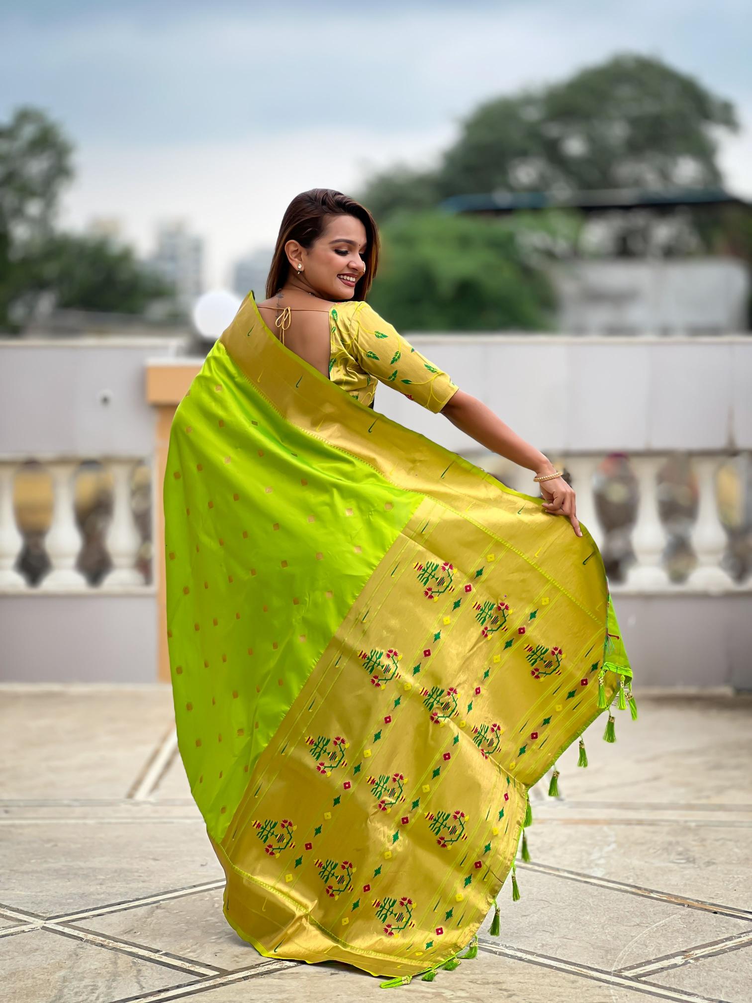 Parrot Green Gold Paithani Silk Saree — alternate view