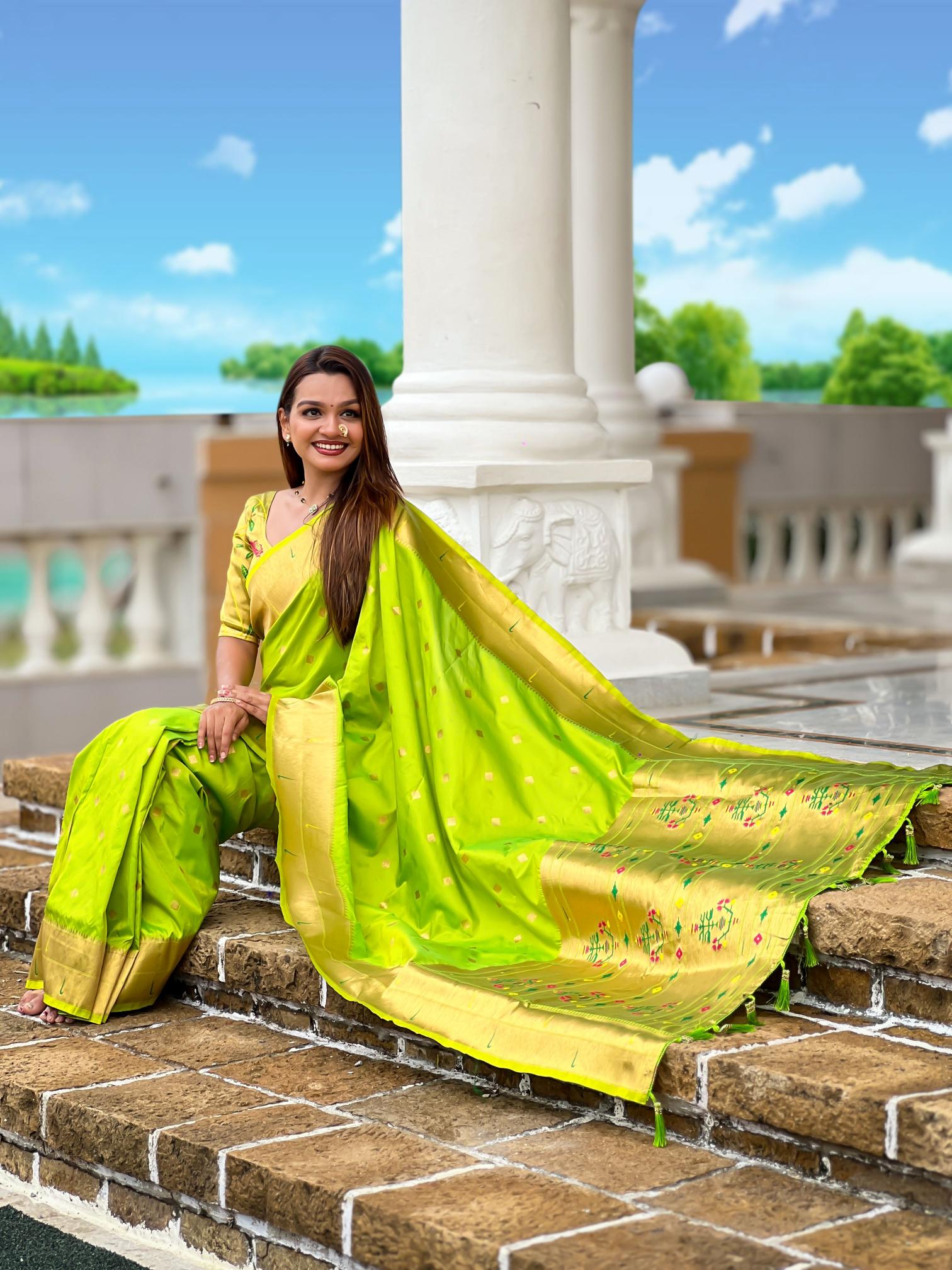 Parrot Green Gold Paithani Silk Saree