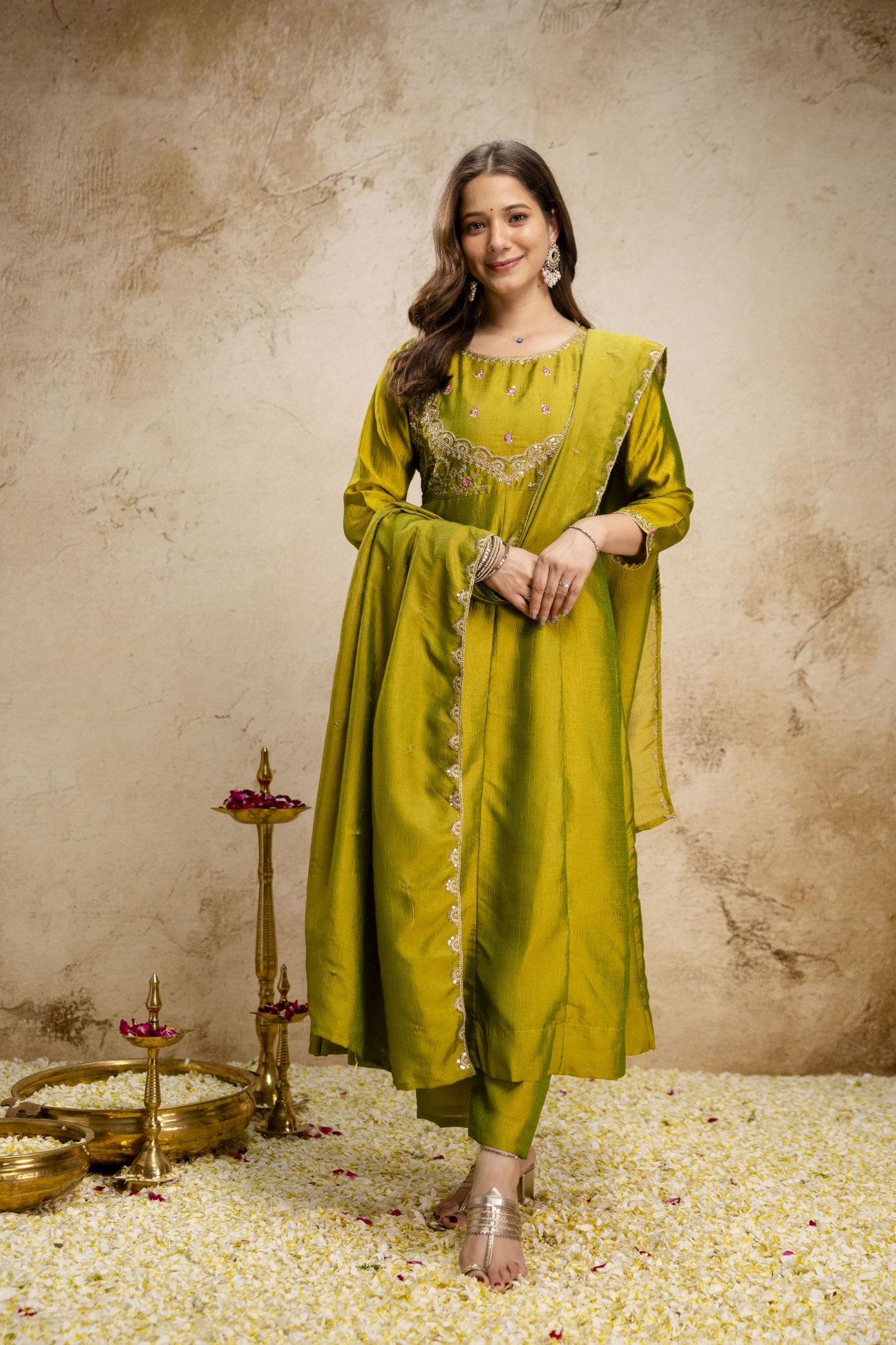 Parrot Green Heritage Embroidered Vichitra Silk Anarkali Suit