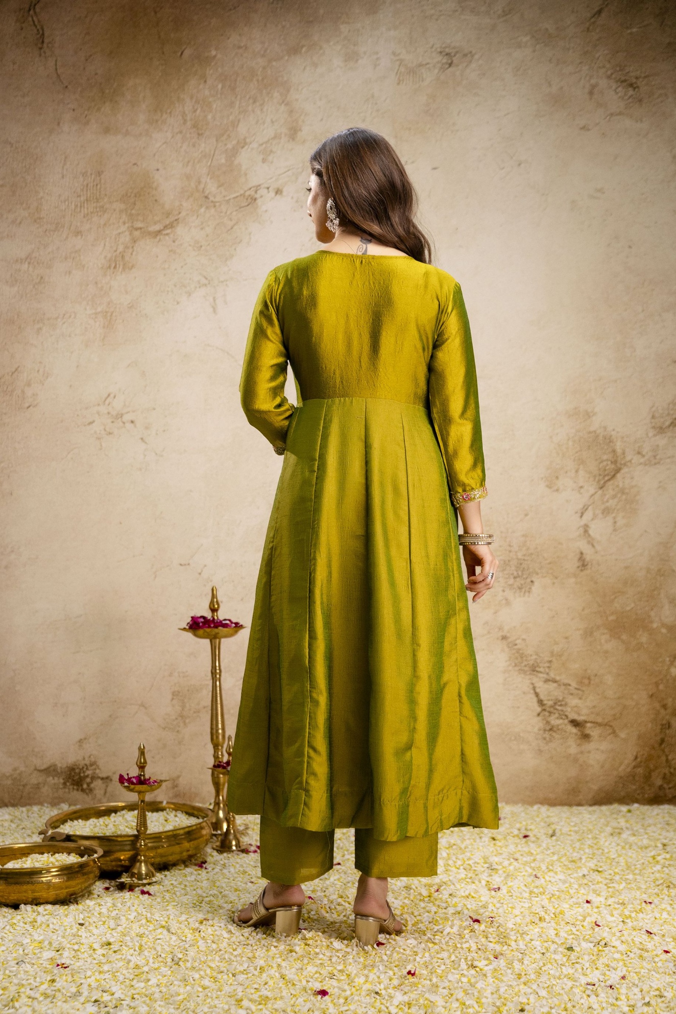 Parrot Green Heritage Embroidered Vichitra Silk Anarkali Suit — alternate view