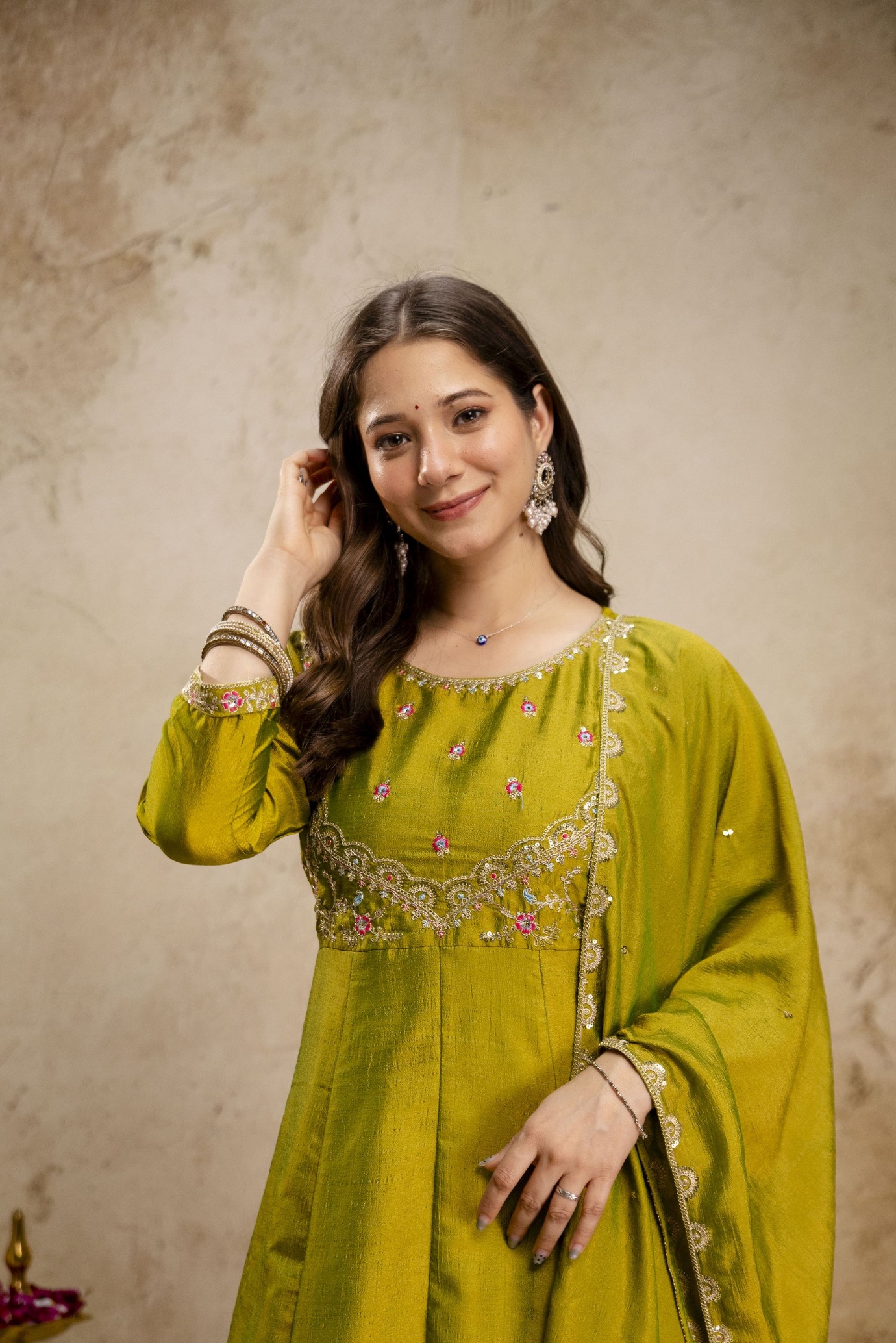 Parrot Green Heritage Embroidered Vichitra Silk Anarkali Suit