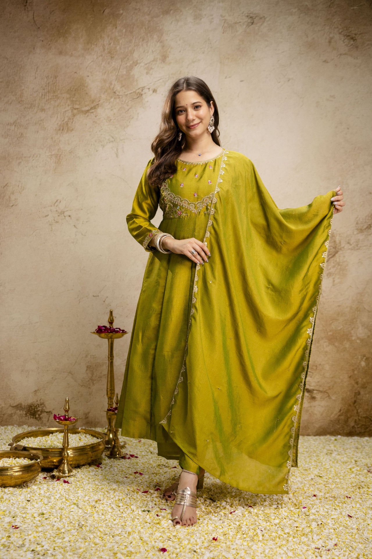 Parrot Green Heritage Embroidered Vichitra Silk Anarkali Suit