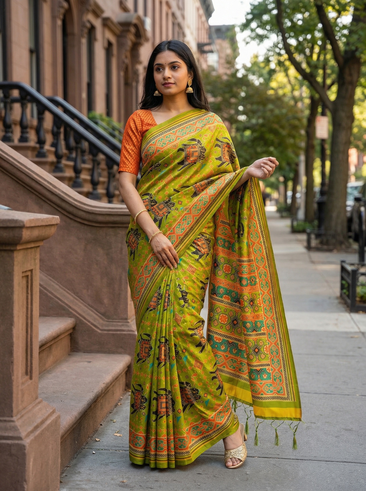 Parrot Green Heritage Printed Assam Silk Saree