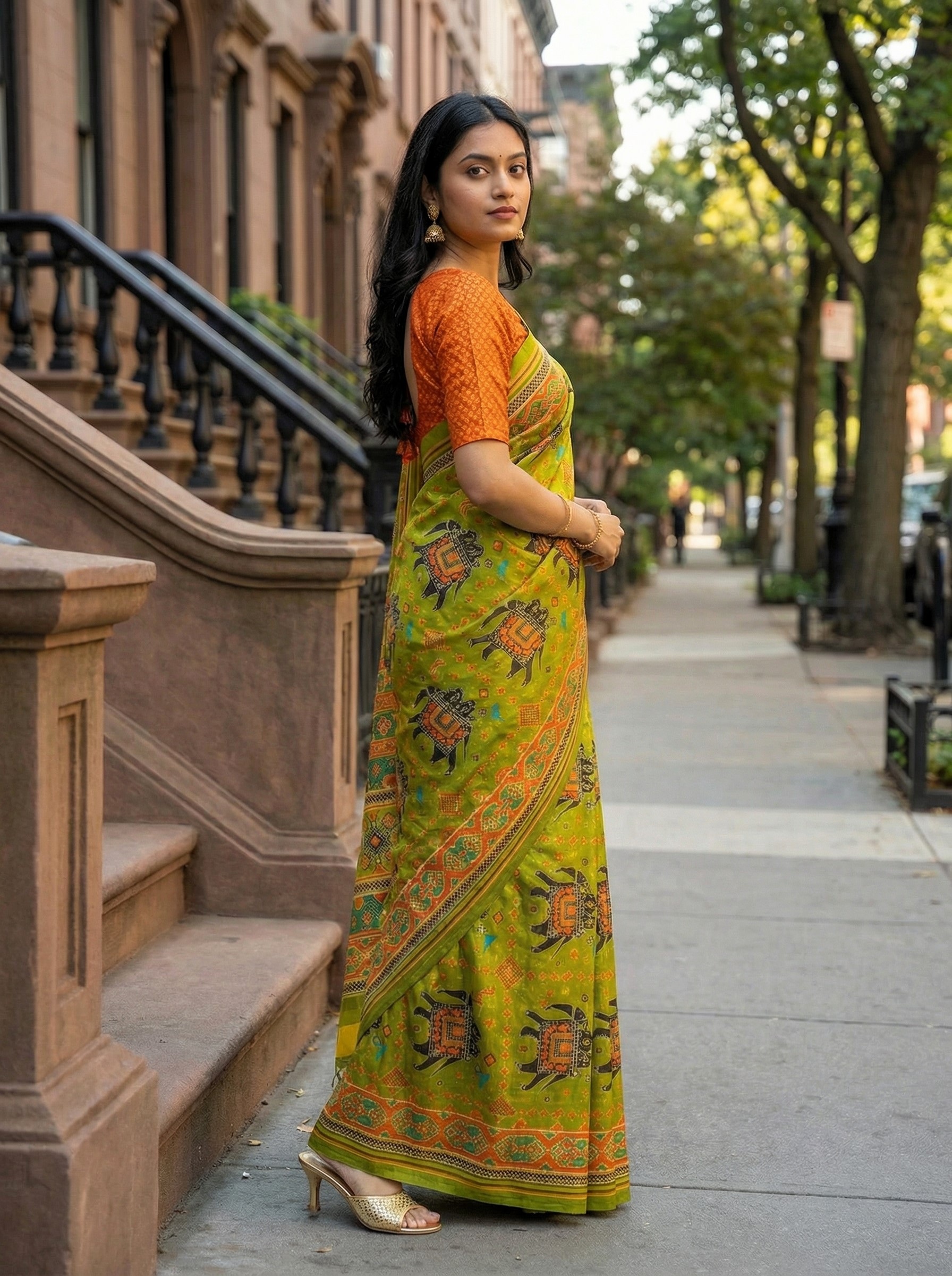Parrot Green Heritage Printed Assam Silk Saree — alternate view