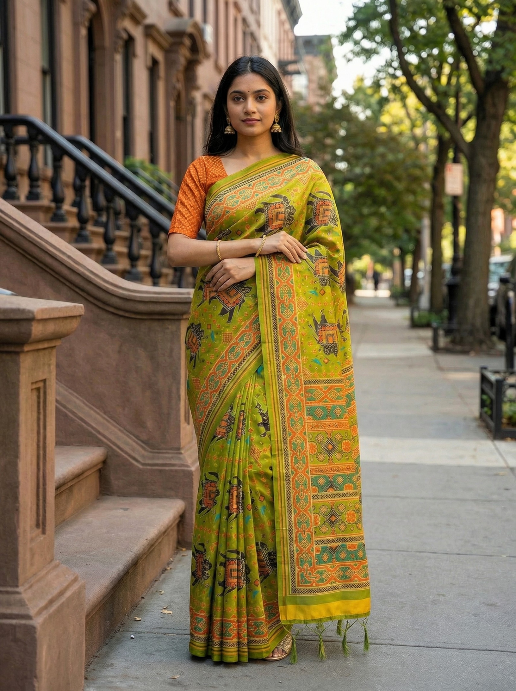 Parrot Green Heritage Printed Assam Silk Saree