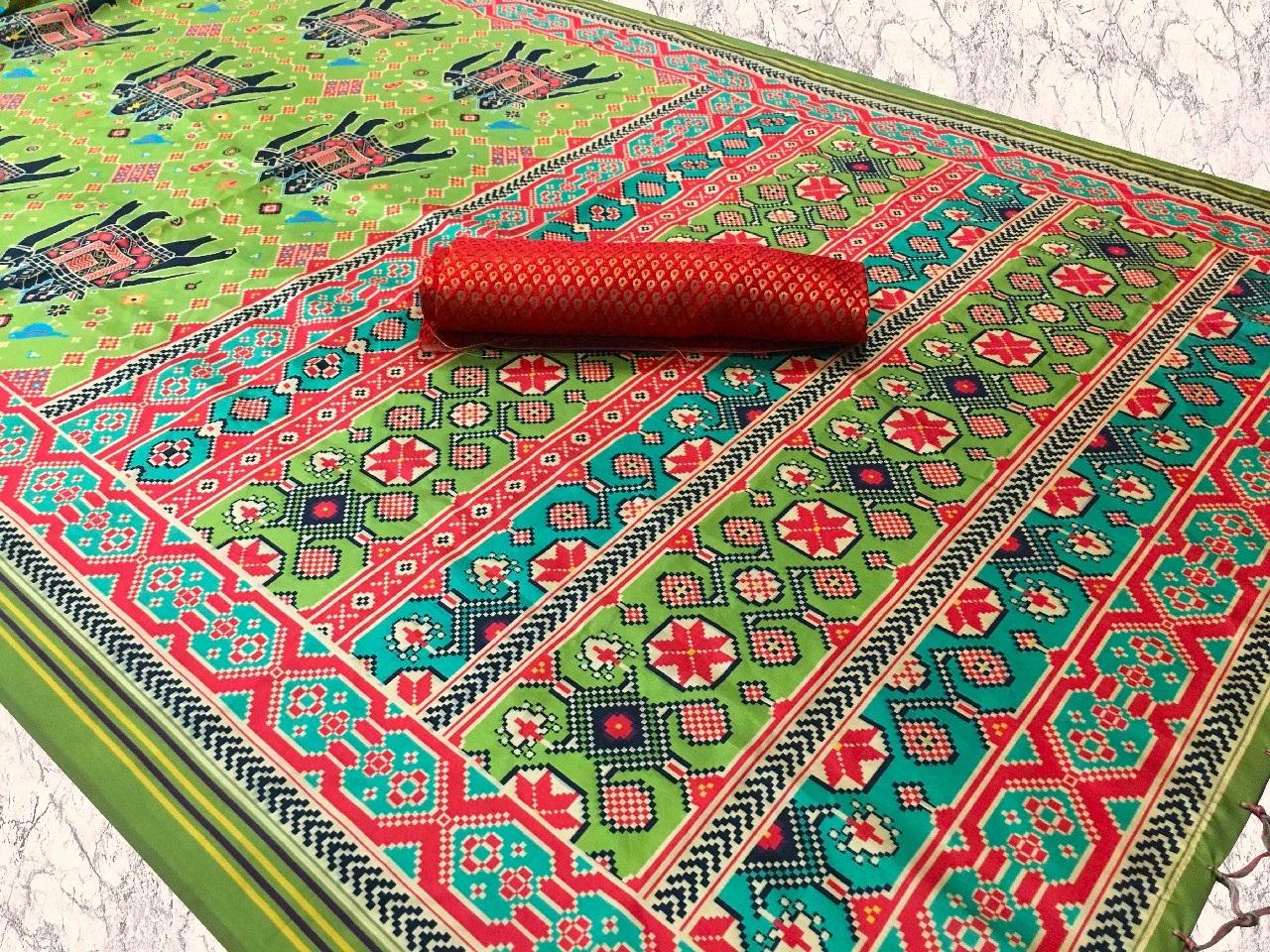 Parrot Green Heritage Printed Assam Silk Saree