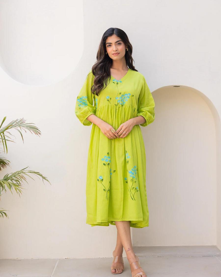Parrot Green Kota Checks Designer Digital Printed