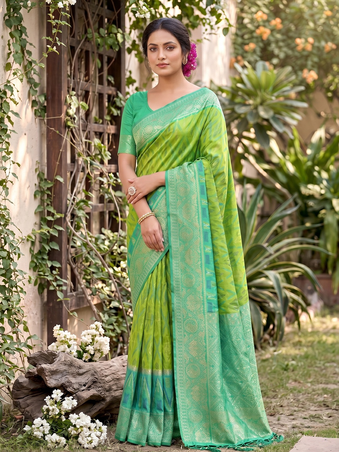 Parrot Green Motif Woven Soft Silk Saree