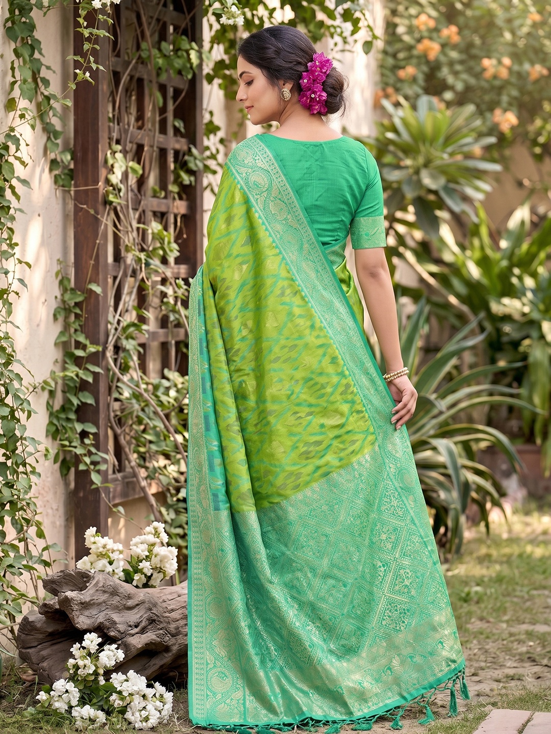 Parrot Green Motif Woven Soft Silk Saree — alternate view
