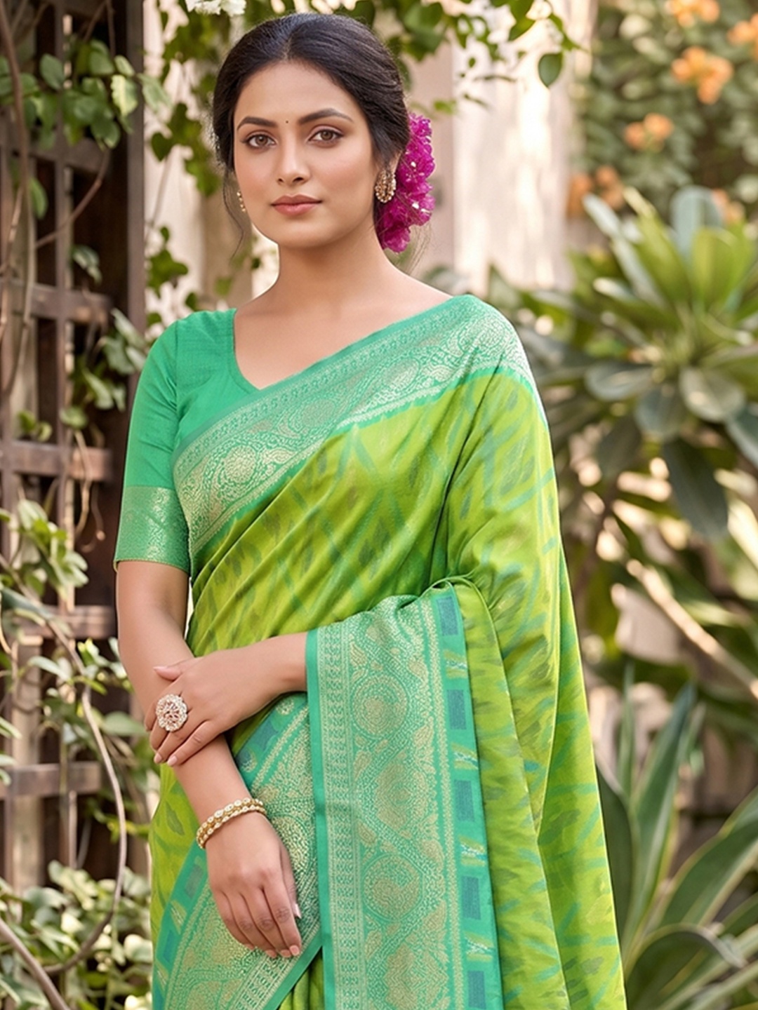 Parrot Green Motif Woven Soft Silk Saree