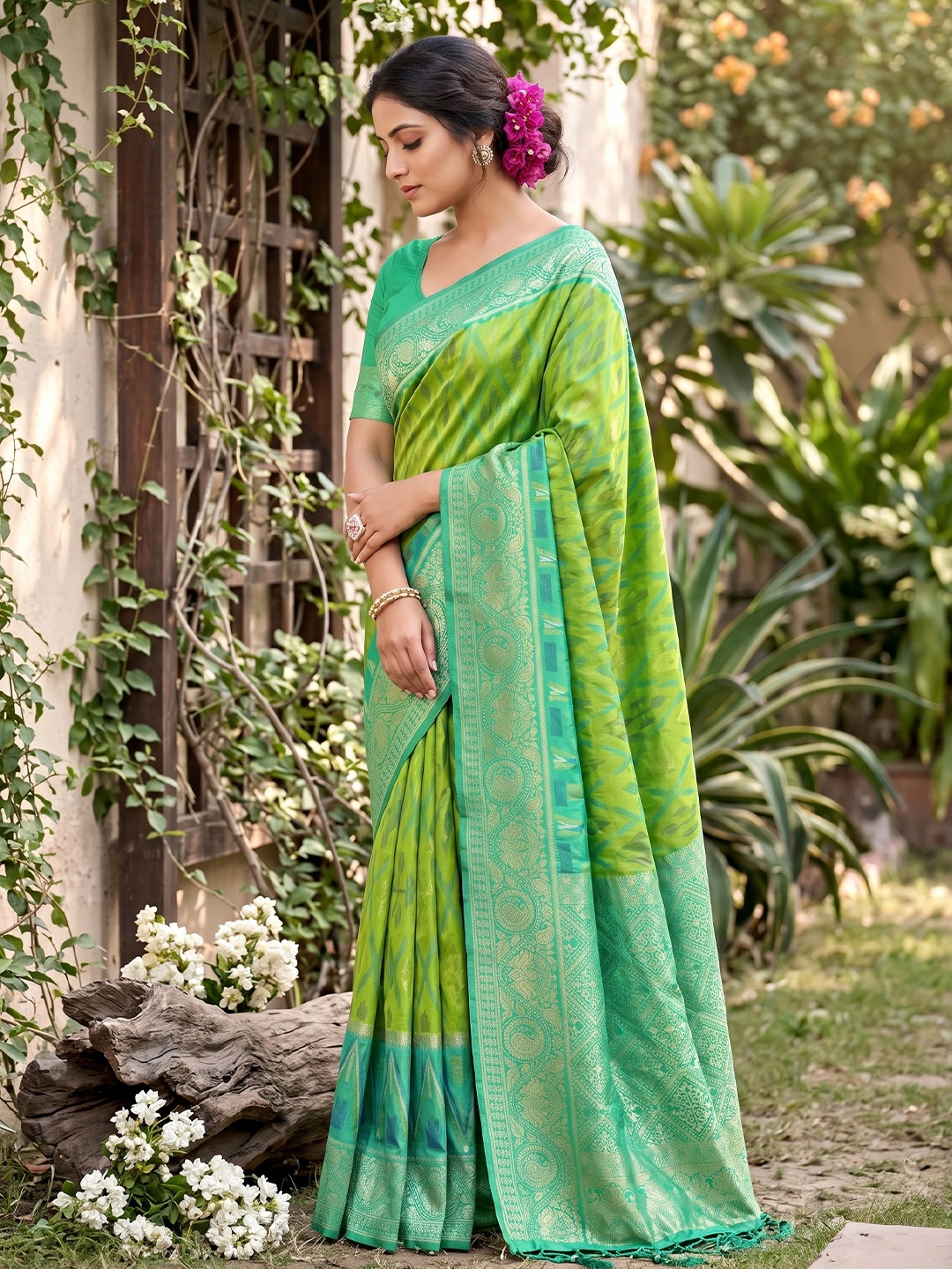 Parrot Green Motif Woven Soft Silk Saree