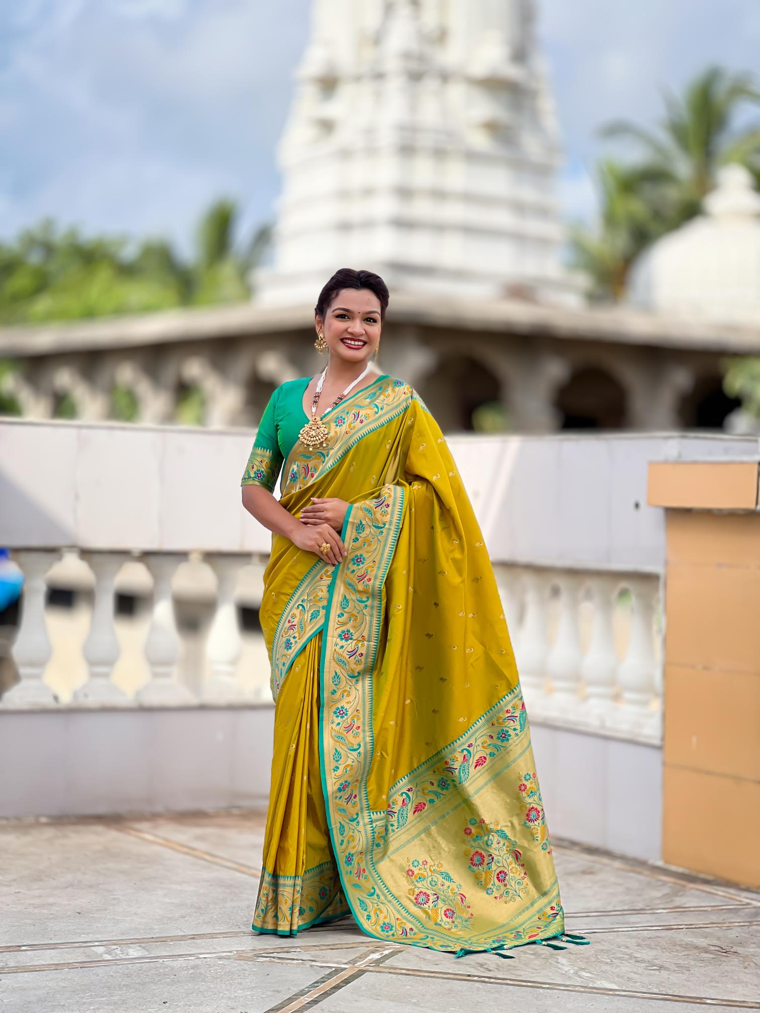 Parrot Green N Rama Paithani Silk Saree