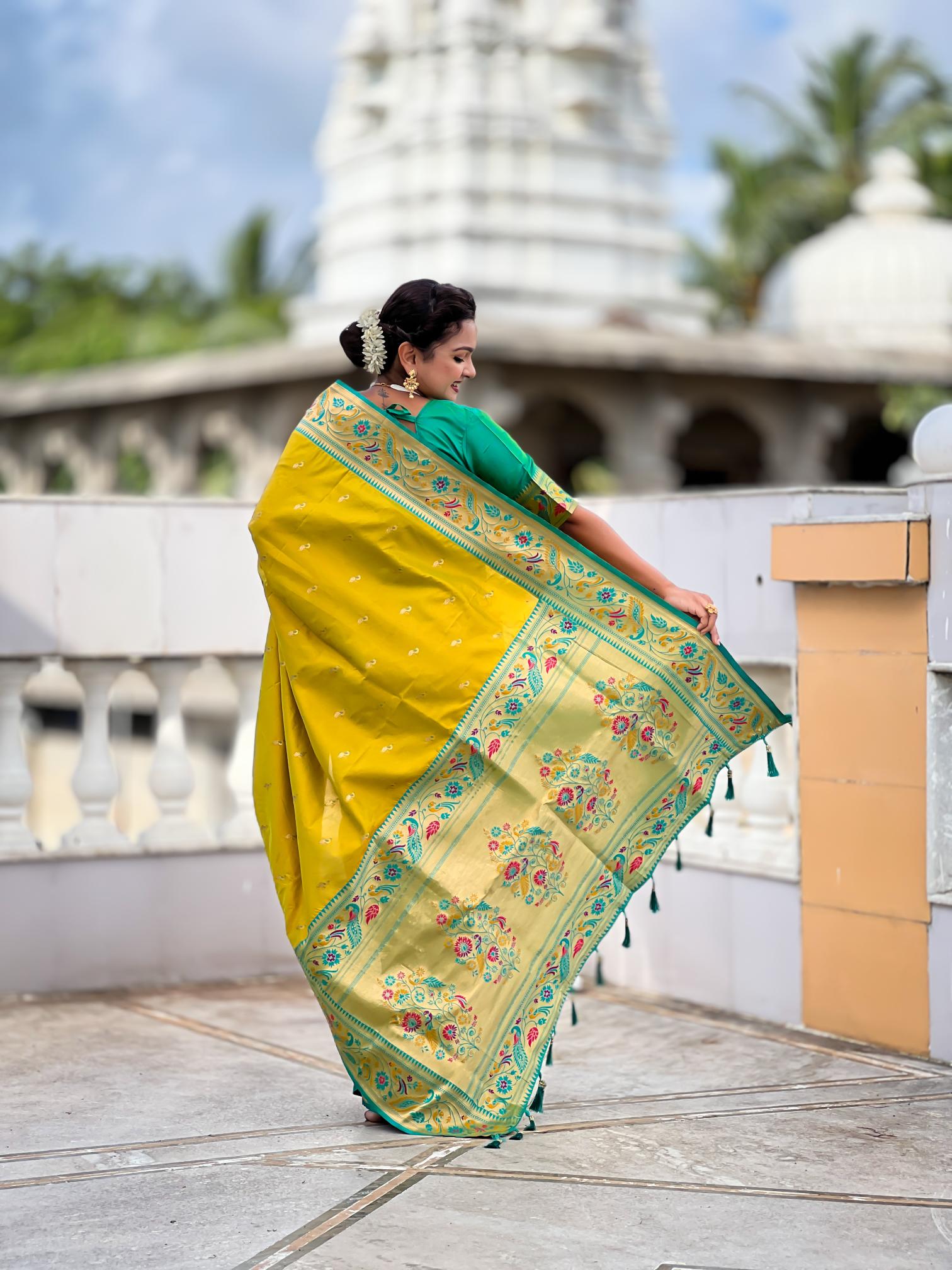 Parrot Green N Rama Paithani Silk Saree — alternate view