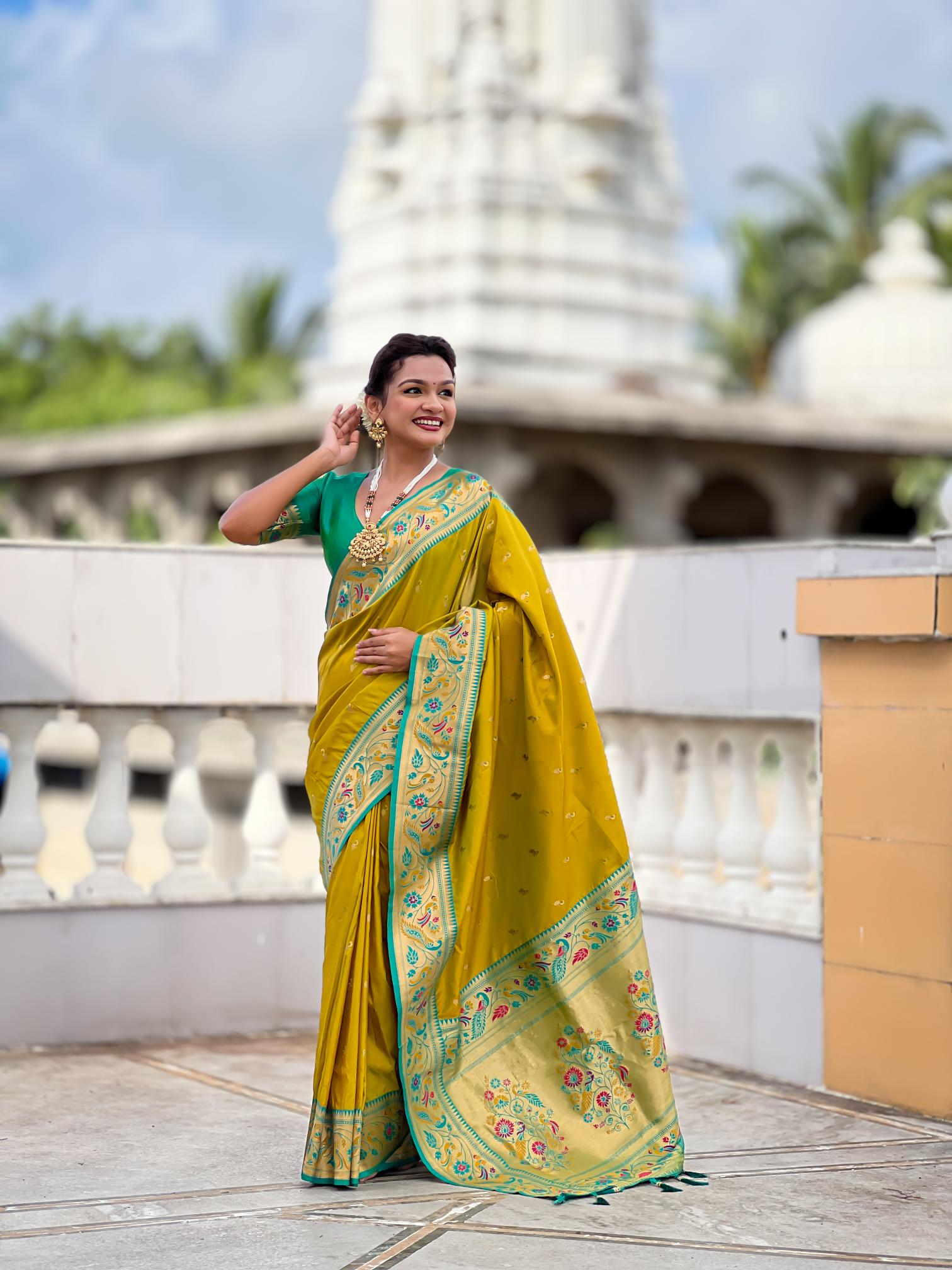 Parrot Green N Rama Paithani Silk Saree