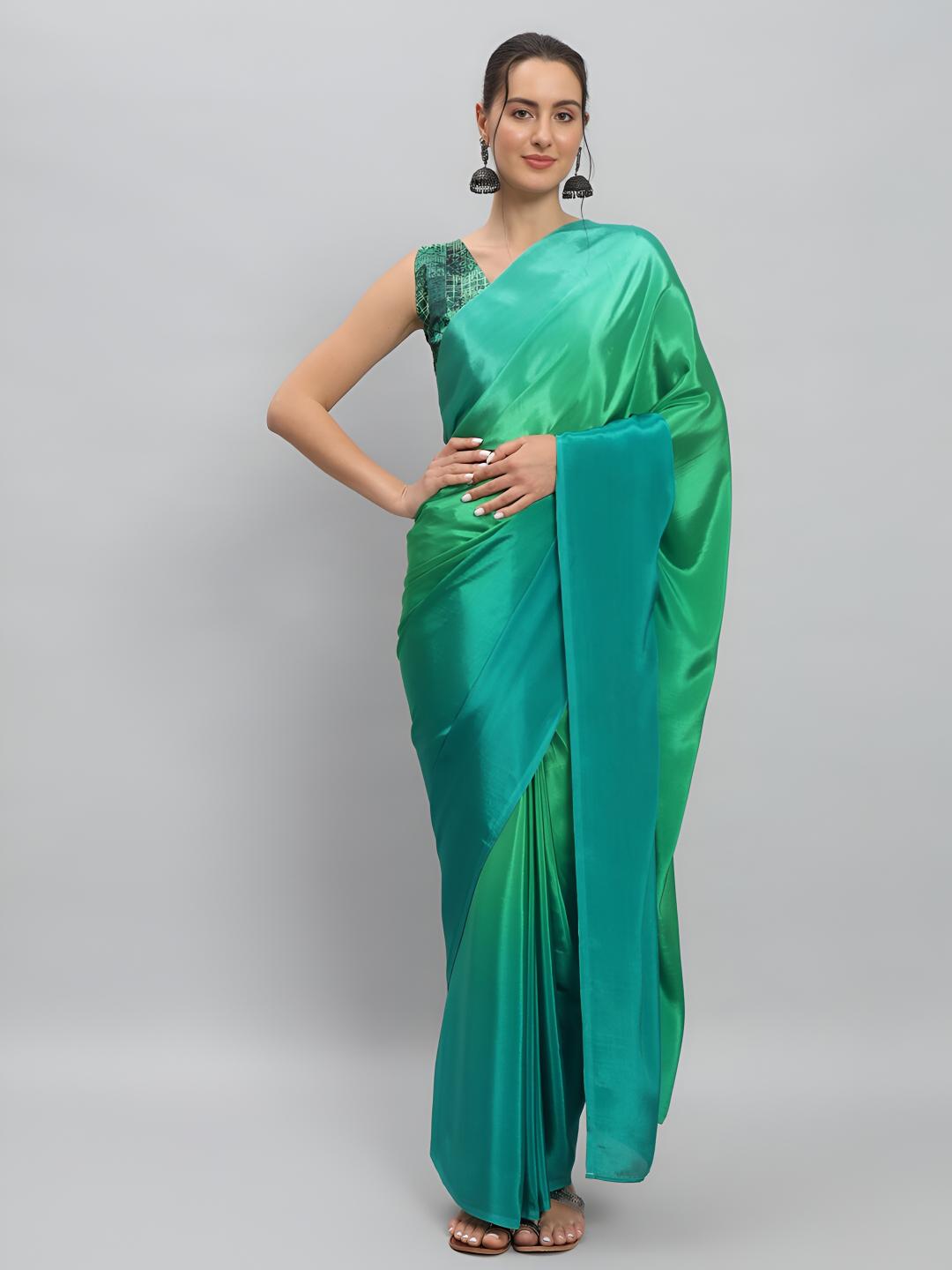 Parrot Green Ombre Chinon Ready To Wear Saree
