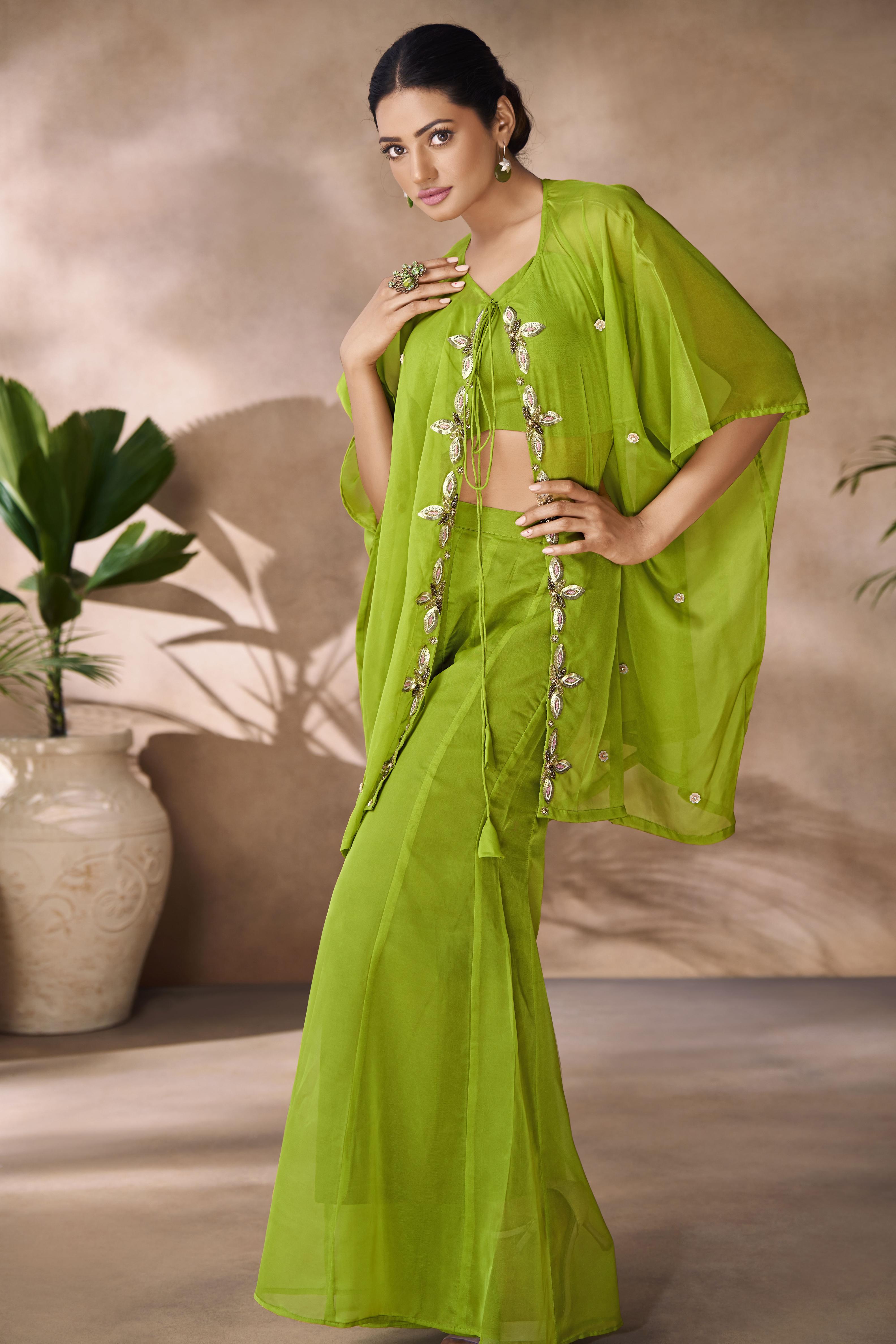 Parrot Green Organza Designer Hand Work Kurti