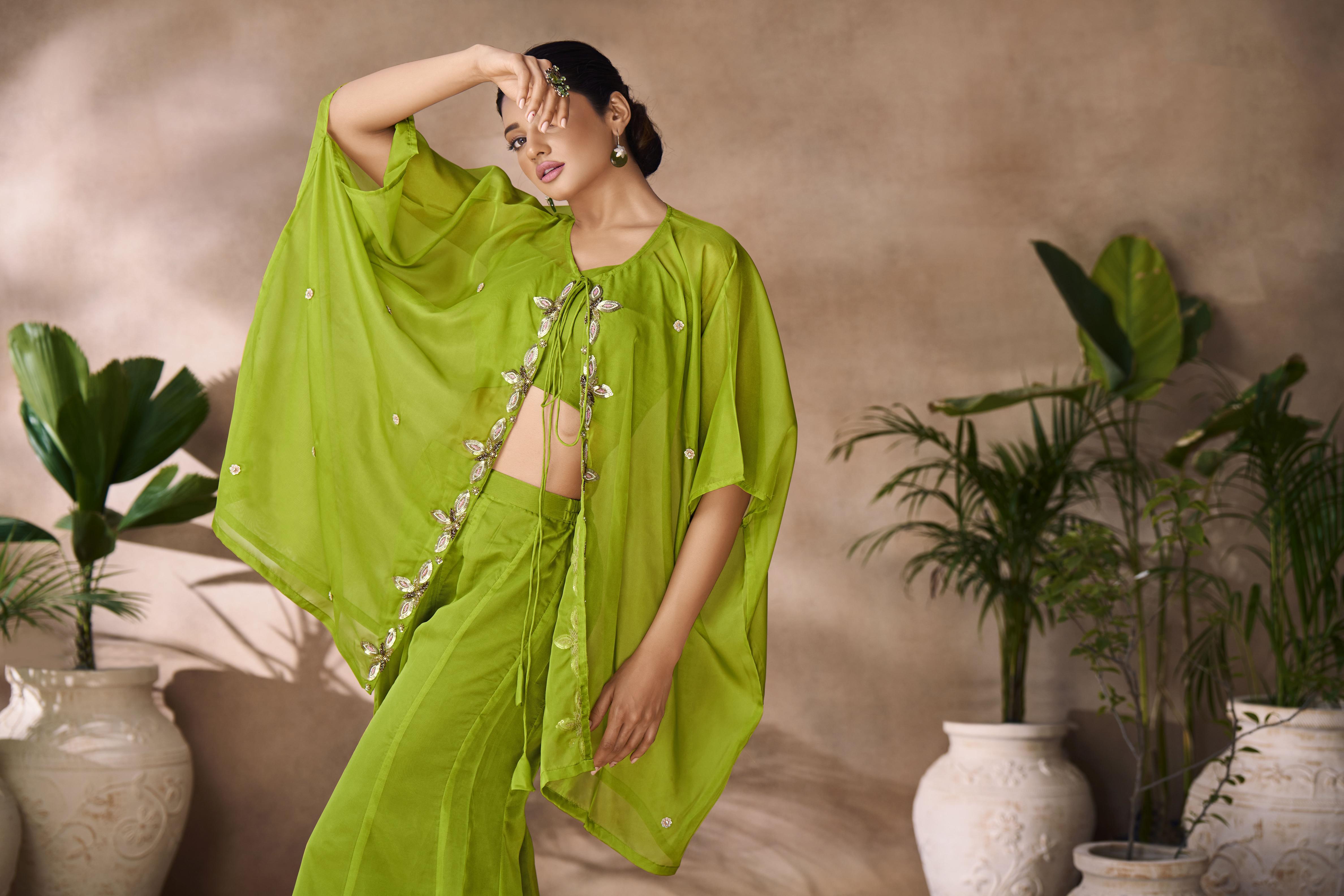 Parrot Green Organza Designer Hand Work Kurti — alternate view
