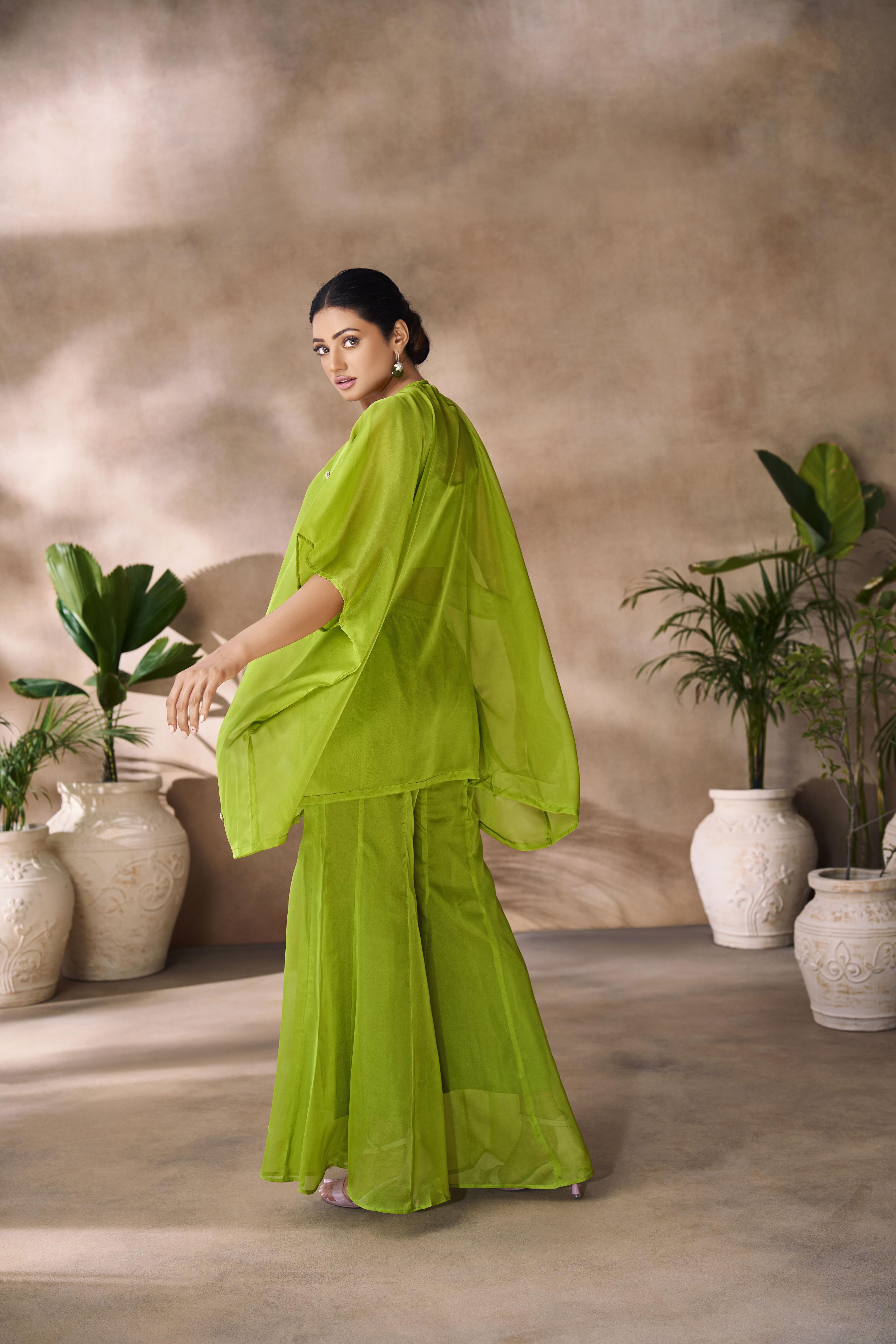 Parrot Green Organza Designer Hand Work Kurti
