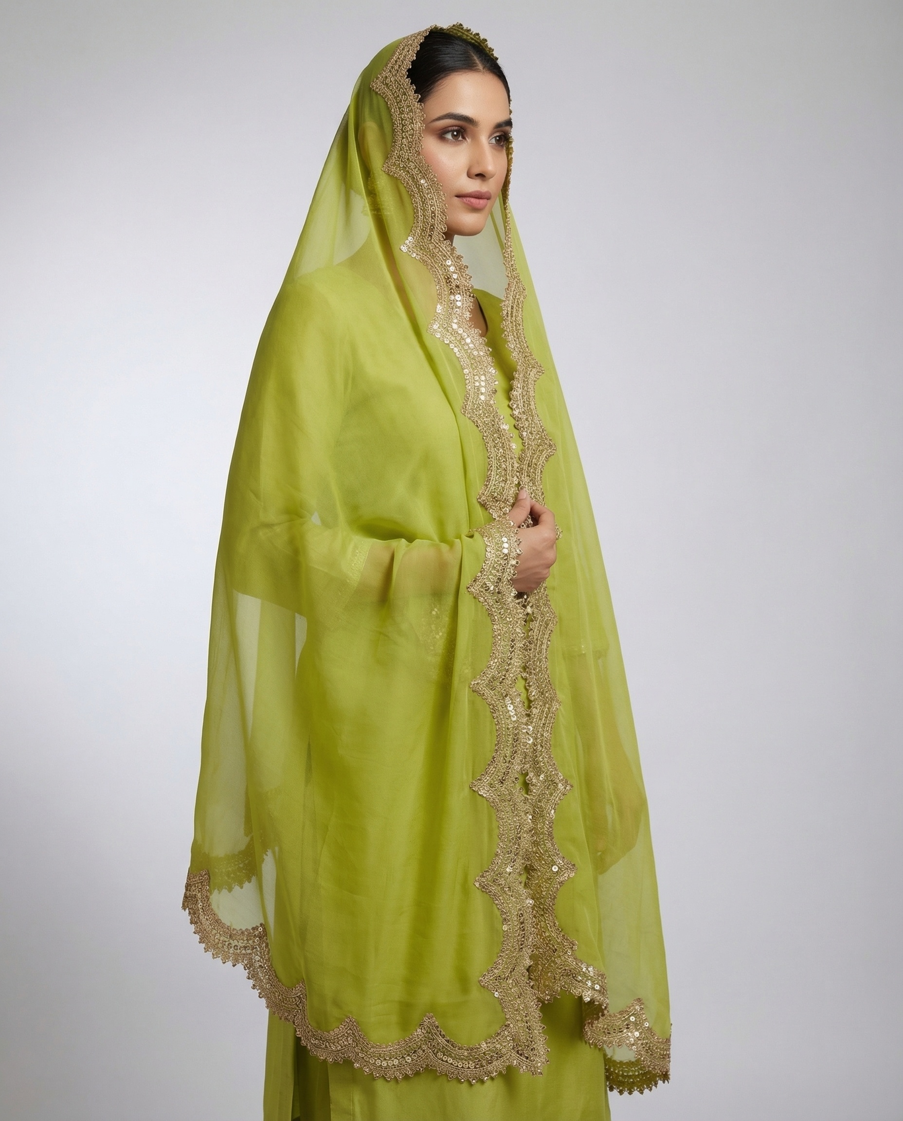 Parrot Green Organza Designer Printed Dupatta