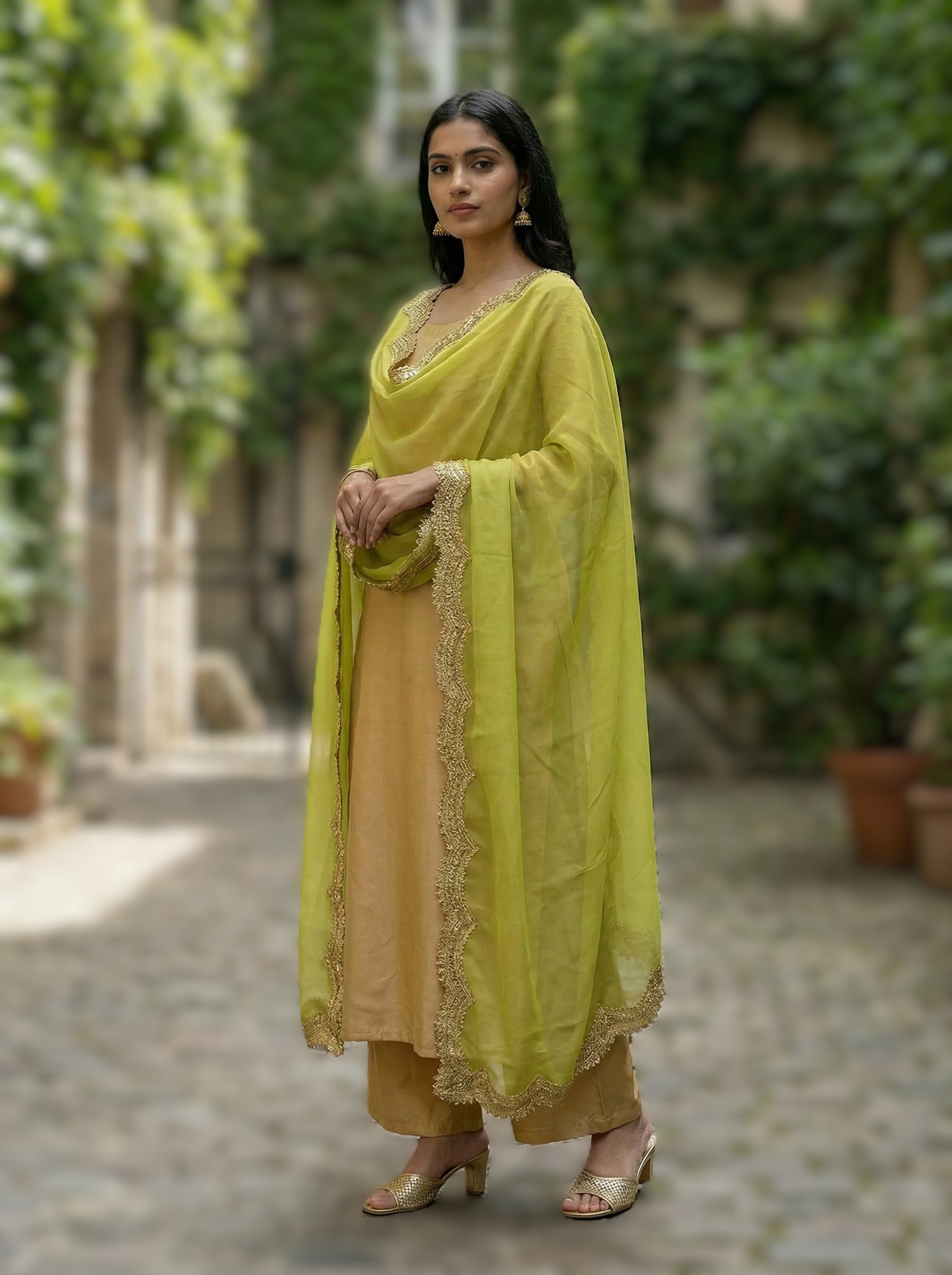 Parrot Green Organza Designer Printed Dupatta