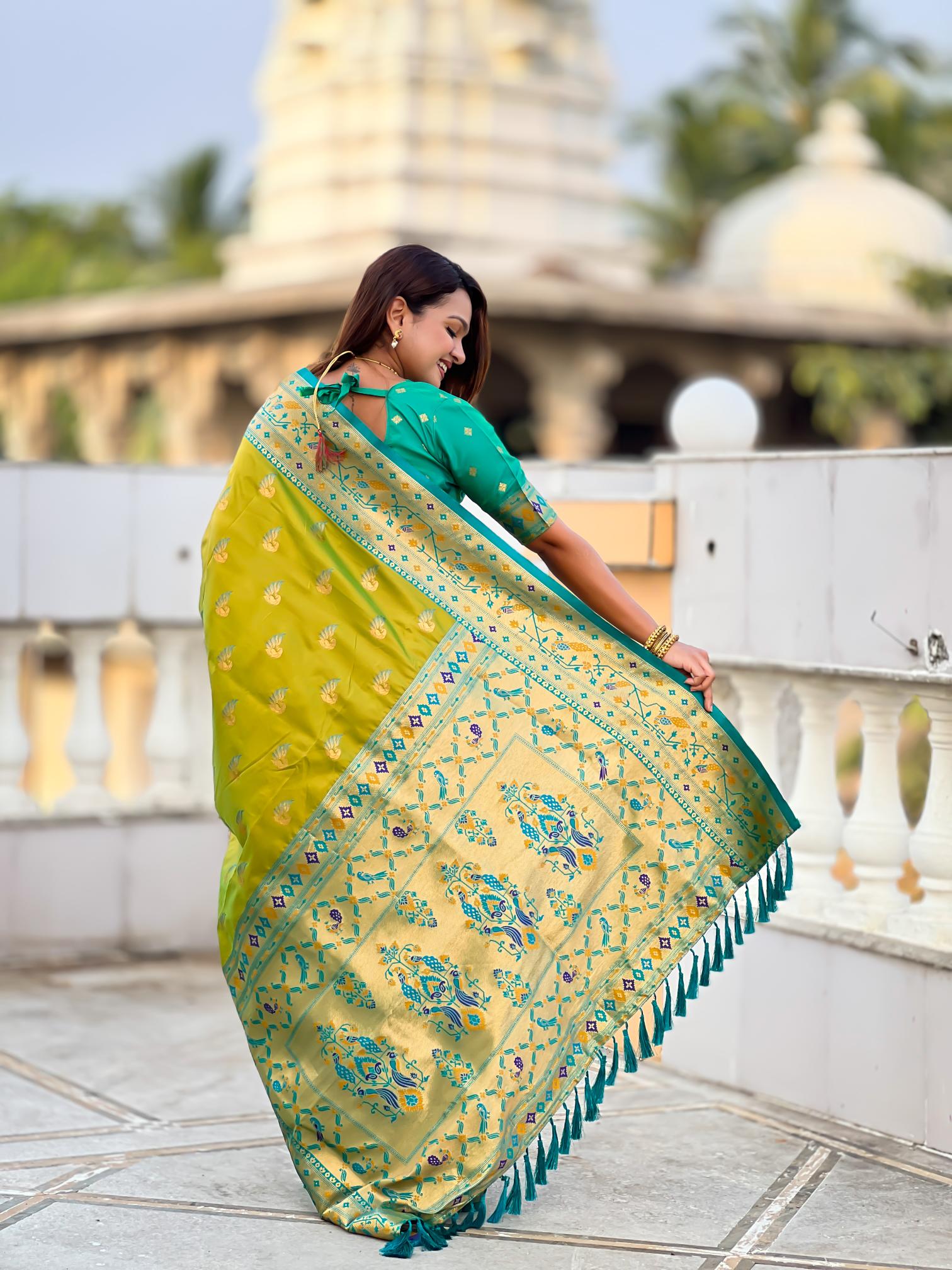 Parrot Green Paithani Silk Saree — alternate view