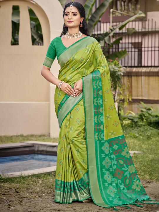 Parrot Green Pochampalli Silk Saree