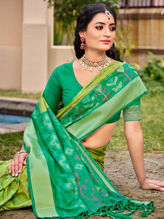 Parrot Green Pochampalli Silk Saree — alternate view