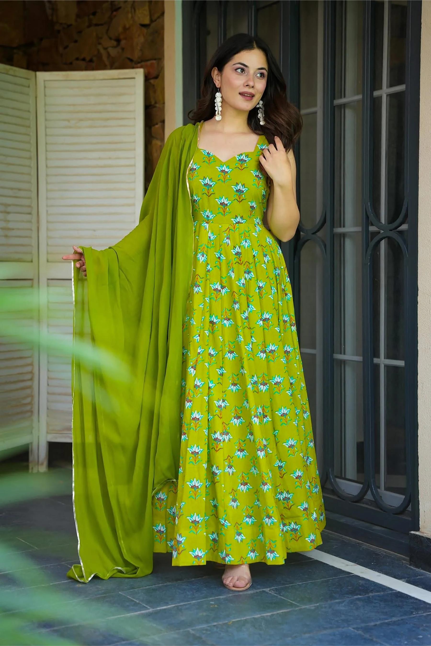 Parrot Green Rayon Digital Printed Gown