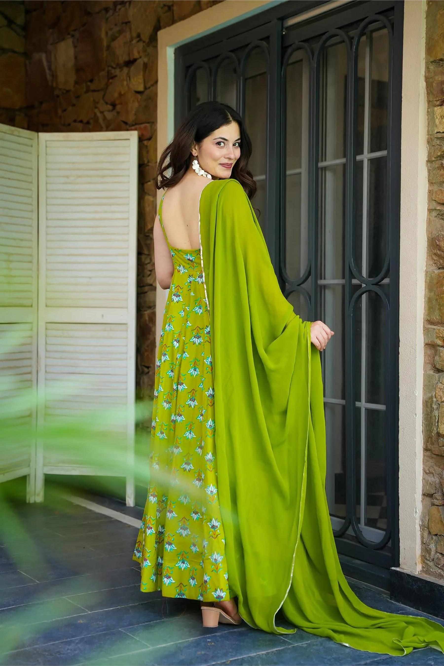 Parrot Green Rayon Digital Printed Gown — alternate view