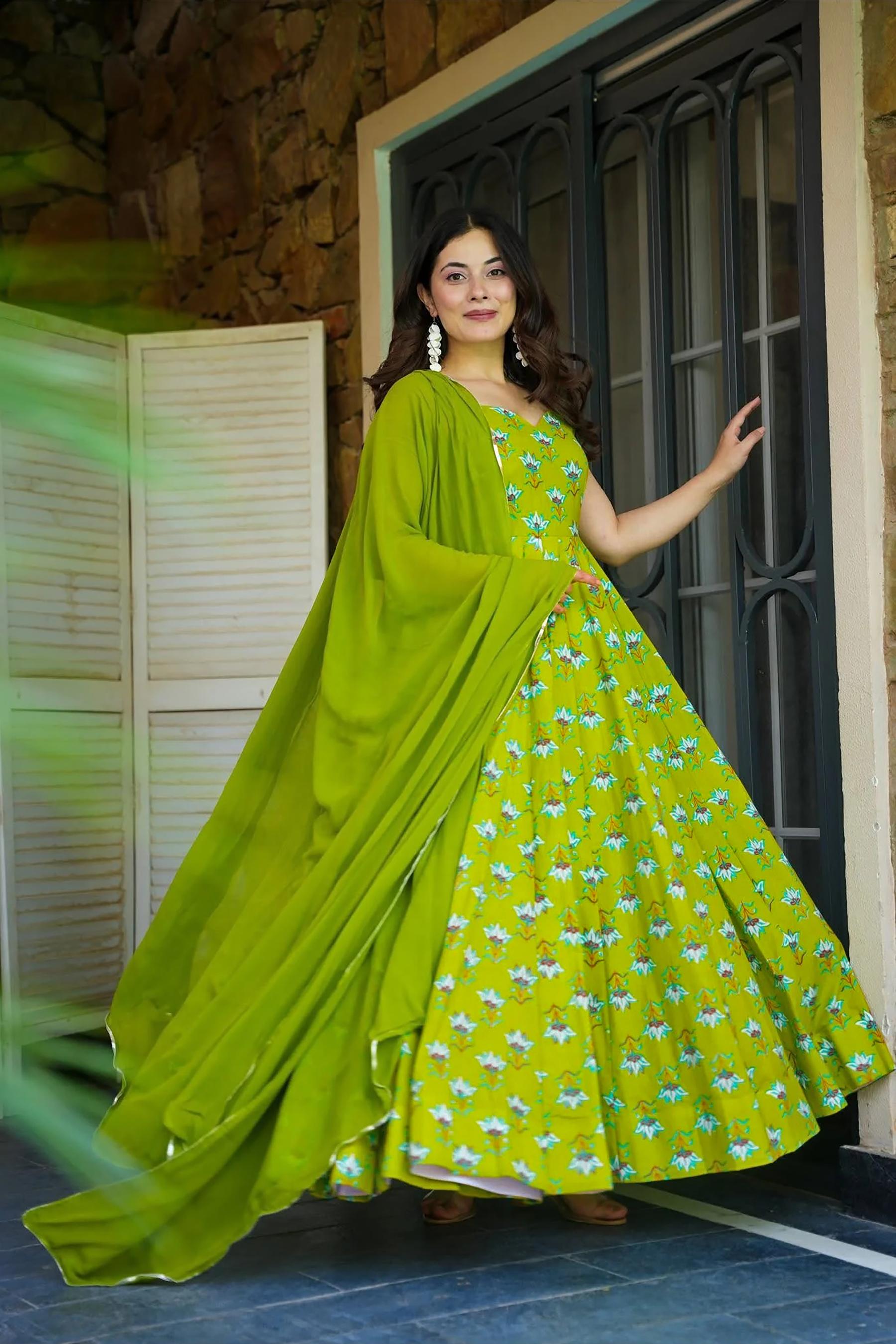 Parrot Green Rayon Digital Printed Gown