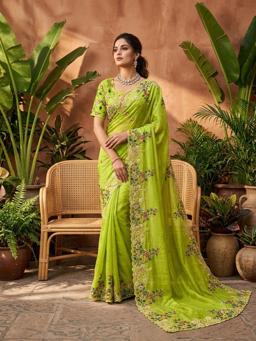 Parrot Green Solid Embroidered Paper Silk Saree
