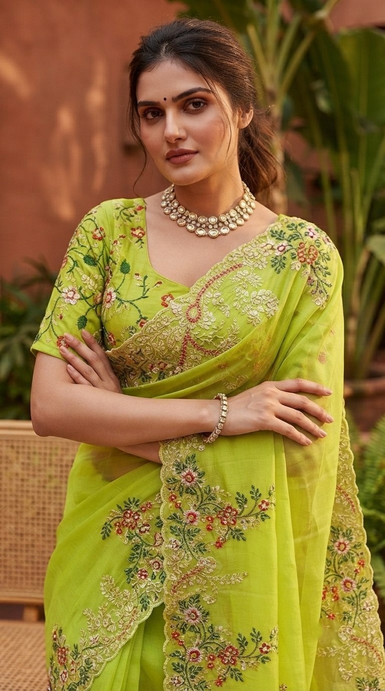 Parrot Green Solid Embroidered Paper Silk Saree — alternate view
