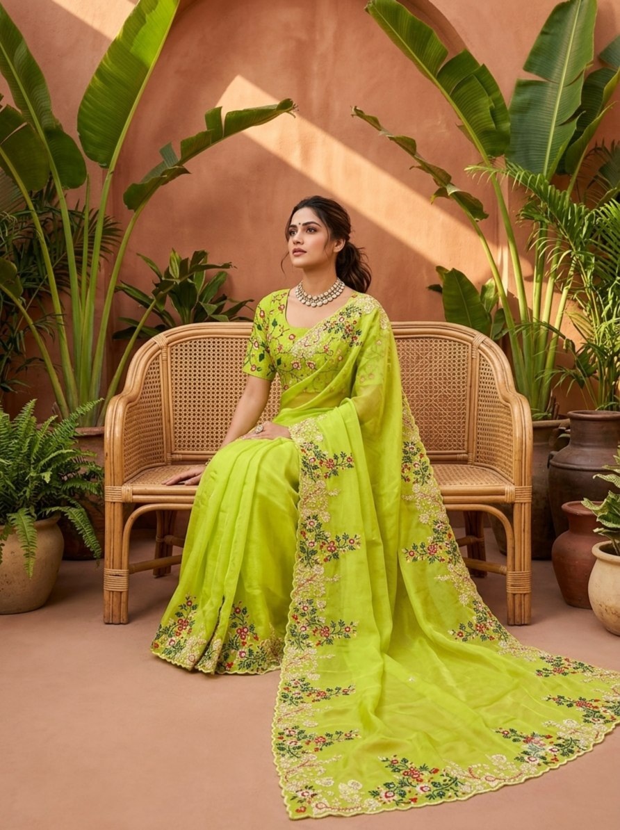 Parrot Green Solid Embroidered Paper Silk Saree