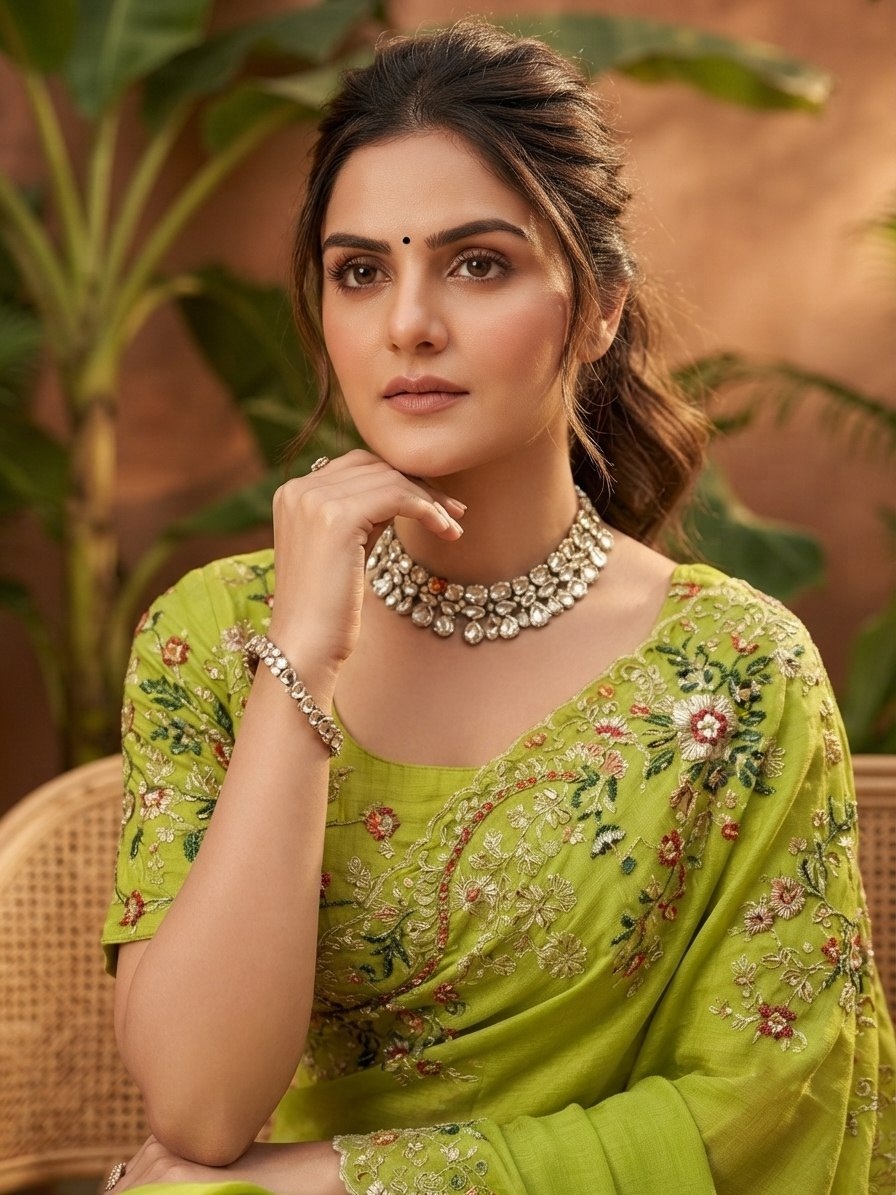 Parrot Green Solid Embroidered Paper Silk Saree